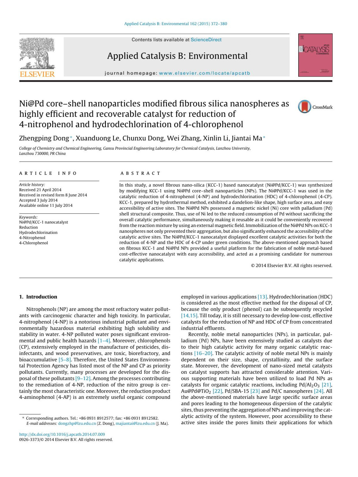 Nipd Coreshell Nanoparticles Modified Fibrous Silica Nanospheres As Highly Efficient And Recoverable Catalyst For Reduction Of 4nitrophenol And Hydrodechlorination Of 4chlorophenol Zhengping Dong Xuanduong Le Chunxu Dong Wei Zhang Xinlin Li Jiantai Ma