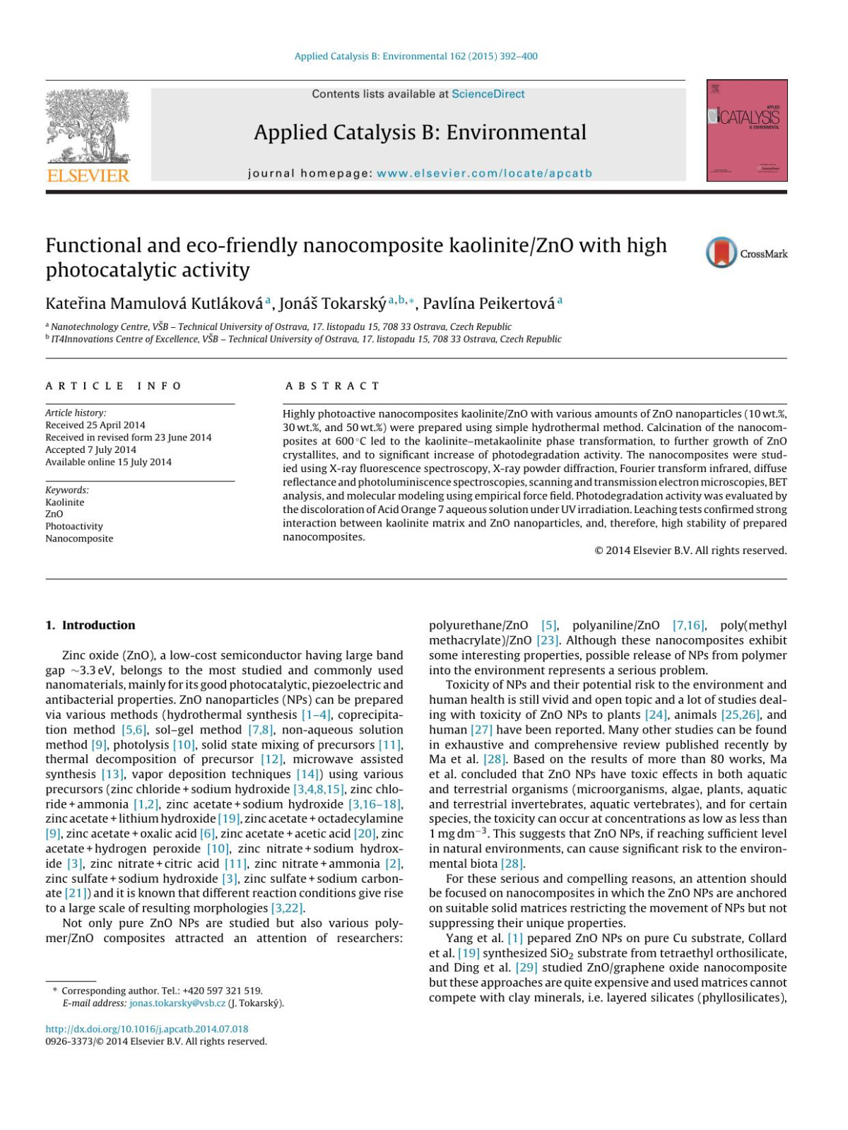Functional And Ecofriendly Nanocomposite Kaolinitezno With High Photocatalytic Activity Kateina Mamulov Kutlkov Jon Tokarsk Pavlna Peikertov