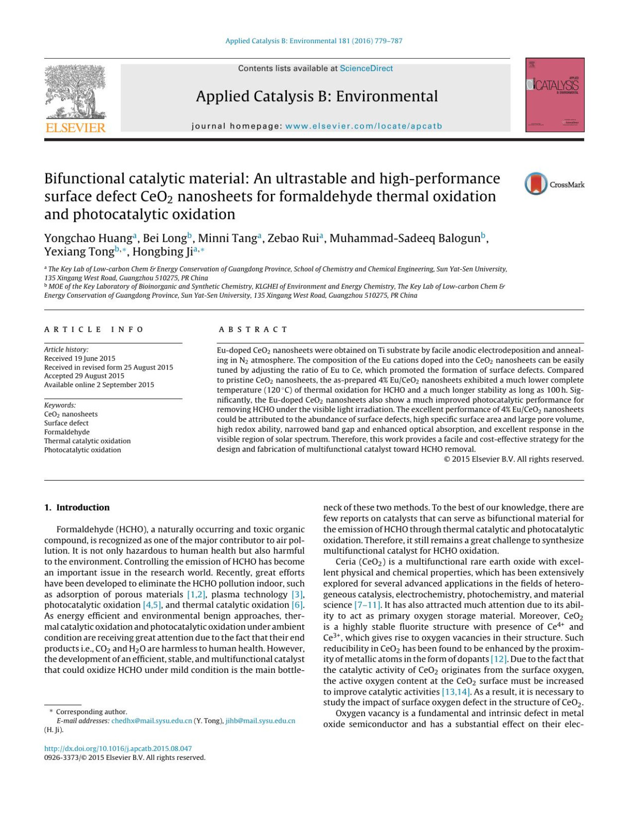 Bifunctional Catalytic Material An Ultrastable And Highperformance Surface Defect Ceo2 Nanosheets For Formaldehyde Thermal Oxidation And Photocatalytic Oxidation Yongchao Huang Bei Long Minni Tang Zebao Rui Muhammadsadeeq Balogun Yexiang Tong Hongbing Ji