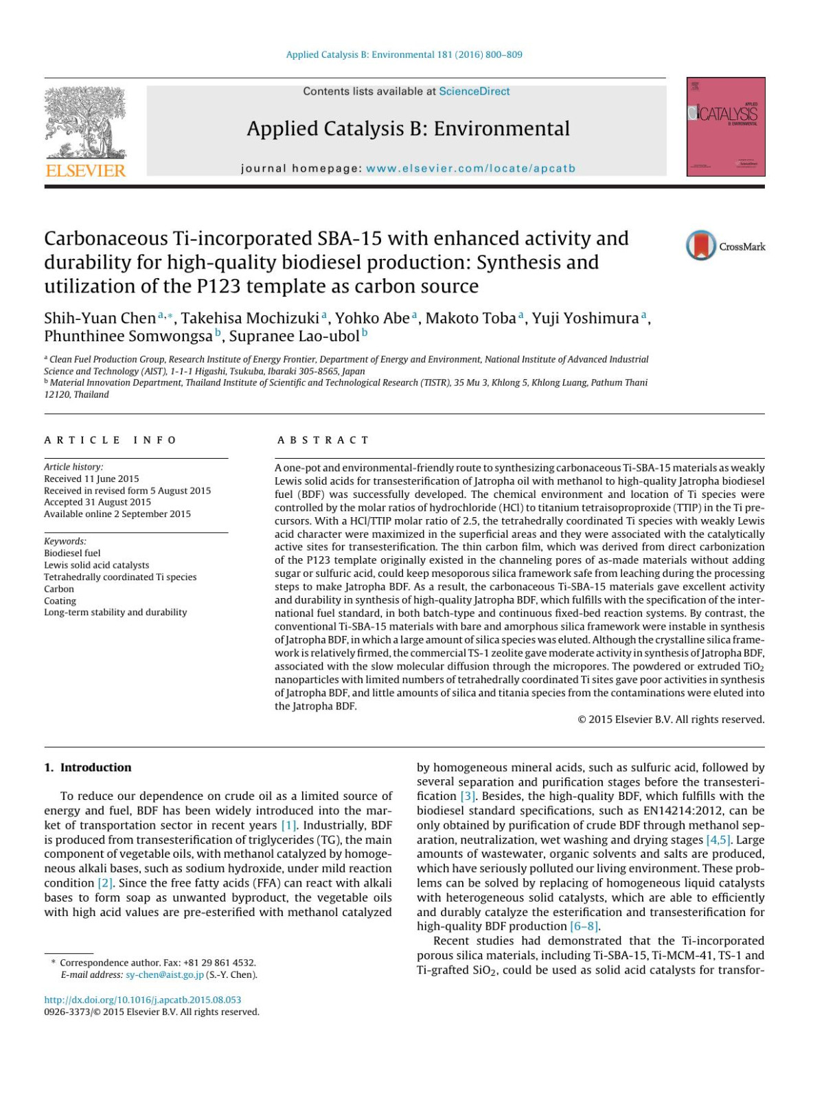 Carbonaceous Tiincorporated Sba15 With Enhanced Activity And Durability For Highquality Biodiesel Production Synthesis And Utilization Of The P123 Template As Carbon Source Shihyuan Chen Takehisa Mochizuki Yohko Abe Makoto Toba Yuji Yoshimura Phunthinee Somwongsa Supranee Laoubol