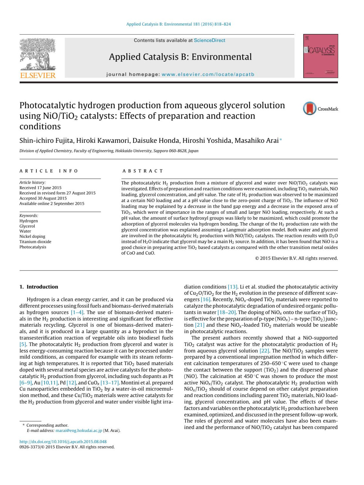 Photocatalytic Hydrogen Production From Aqueous Glycerol Solution Using Niotio2 Catalysts Effects Of Preparation And Reaction Conditions Shinichiro Fujita Hiroki Kawamori Daisuke Honda Hiroshi Yoshida Masahiko Arai