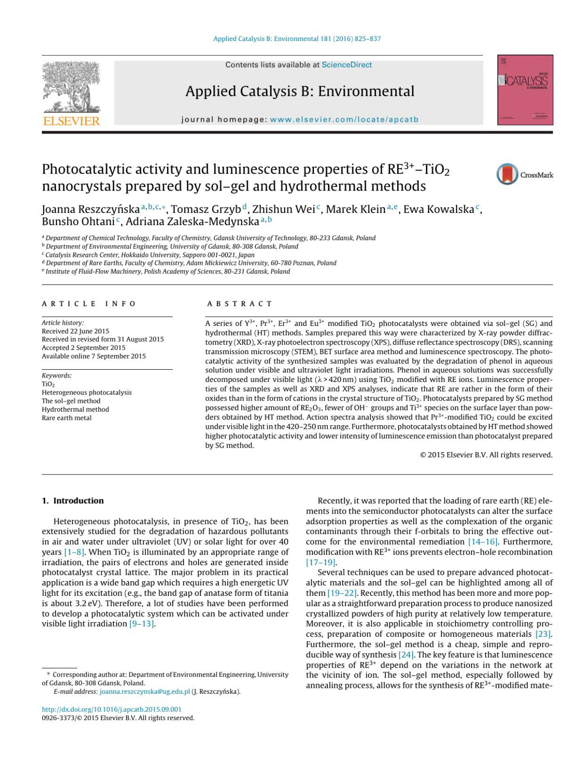 Photocatalytic Activity And Luminescence Properties Of Re3tio2 Nanocrystals Prepared By Solgel And Hydrothermal Methods Joanna Reszczyska Tomasz Grzyb Zhishun Wei Marek Klein Ewa Kowalska Bunsho Ohtani Adriana Zaleskamedynska