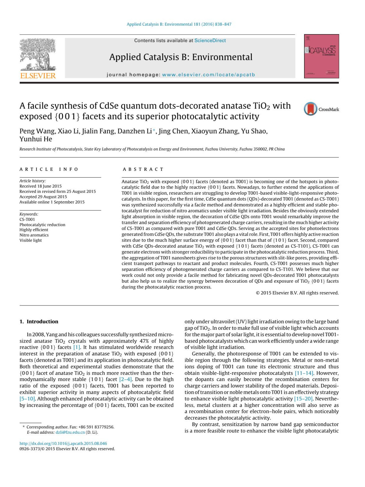 A Facile Synthesis Of Cdse Quantum Dotsdecorated Anatase Tio2 With Exposed 001 Facets And Its Superior Photocatalytic Activity Peng Wang Xiao Li Jialin Fang Danzhen Li Jing Chen Xiaoyun Zhang Yu Shao Yunhui He