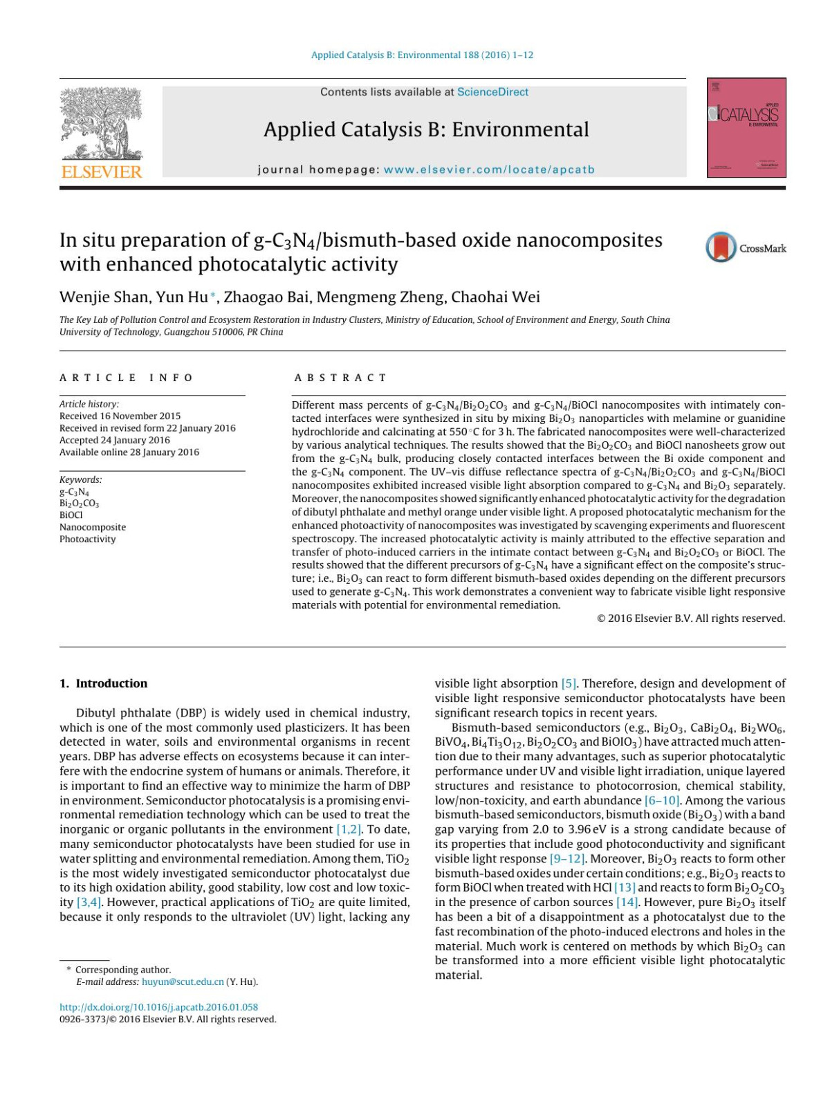 In Situ Preparation Of Gc3n4bismuthbased Oxide Nanocomposites With Enhanced Photocatalytic Activity Wenjie Shan Yun Hu Zhaogao Bai Mengmeng Zheng Chaohai Wei
