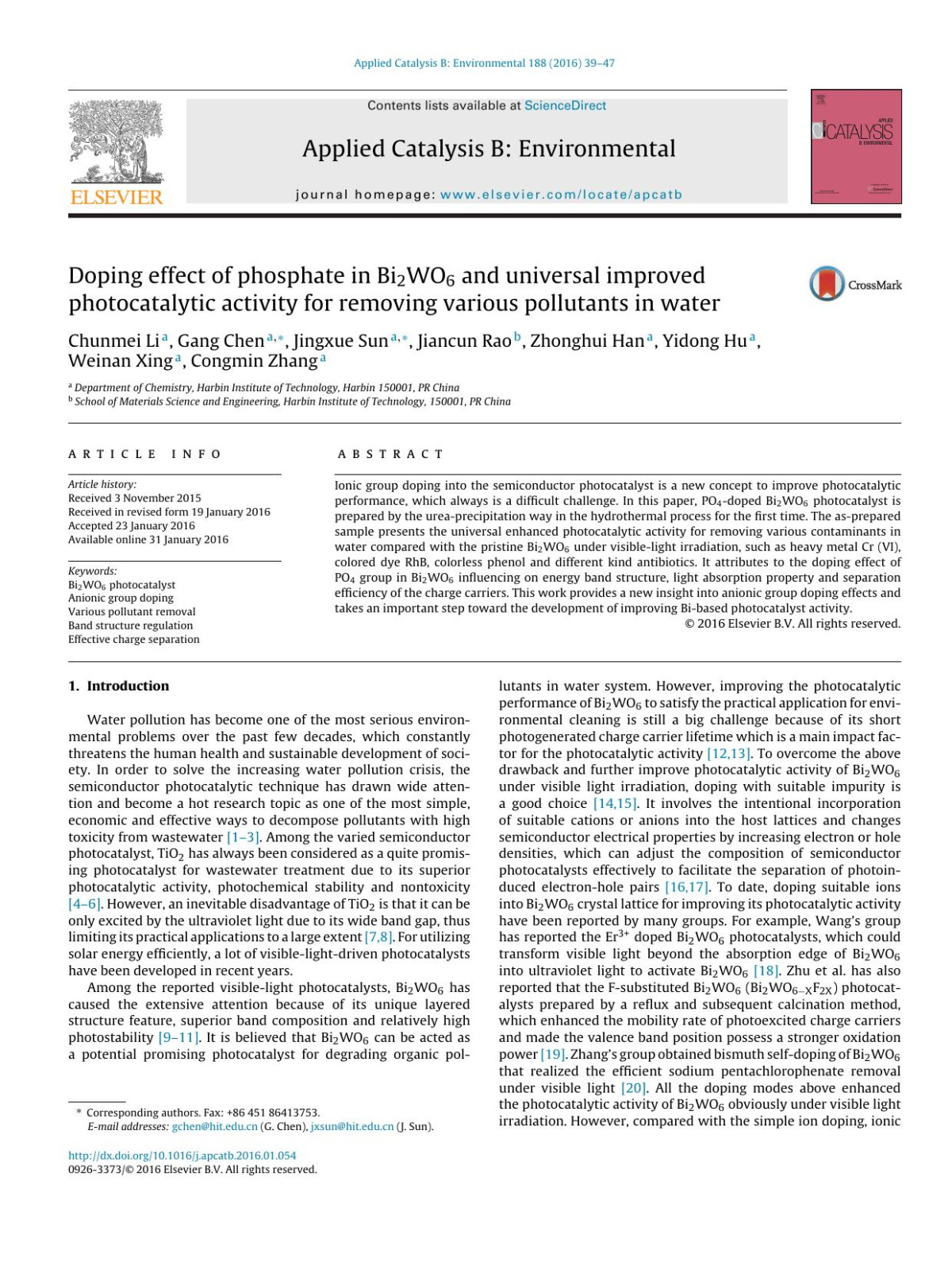 Doping Effect Of Phosphate In Bi2wo6 And Universal Improved Photocatalytic Activity For Removing Various Pollutants In Water Chunmei Li Gang Chen Jingxue Sun Jiancun Rao Zhonghui Han Yidong Hu Weinan Xing Congmin Zhang