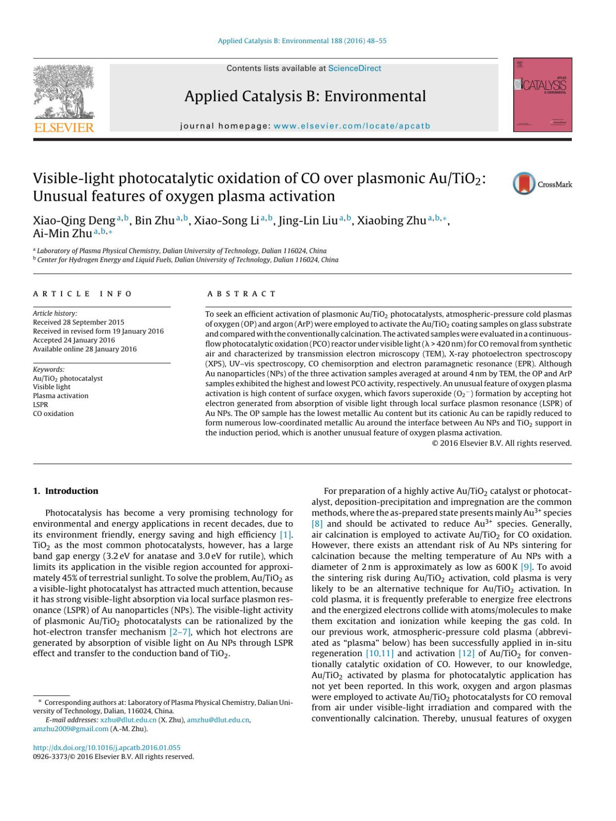 Visiblelight Photocatalytic Oxidation Of Co Over Plasmonic Autio2 Unusual Features Of Oxygen Plasma Activation Xiaoqing Deng Bin Zhu Xiaosong Li Jinglin Liu Xiaobing Zhu Aimin Zhu