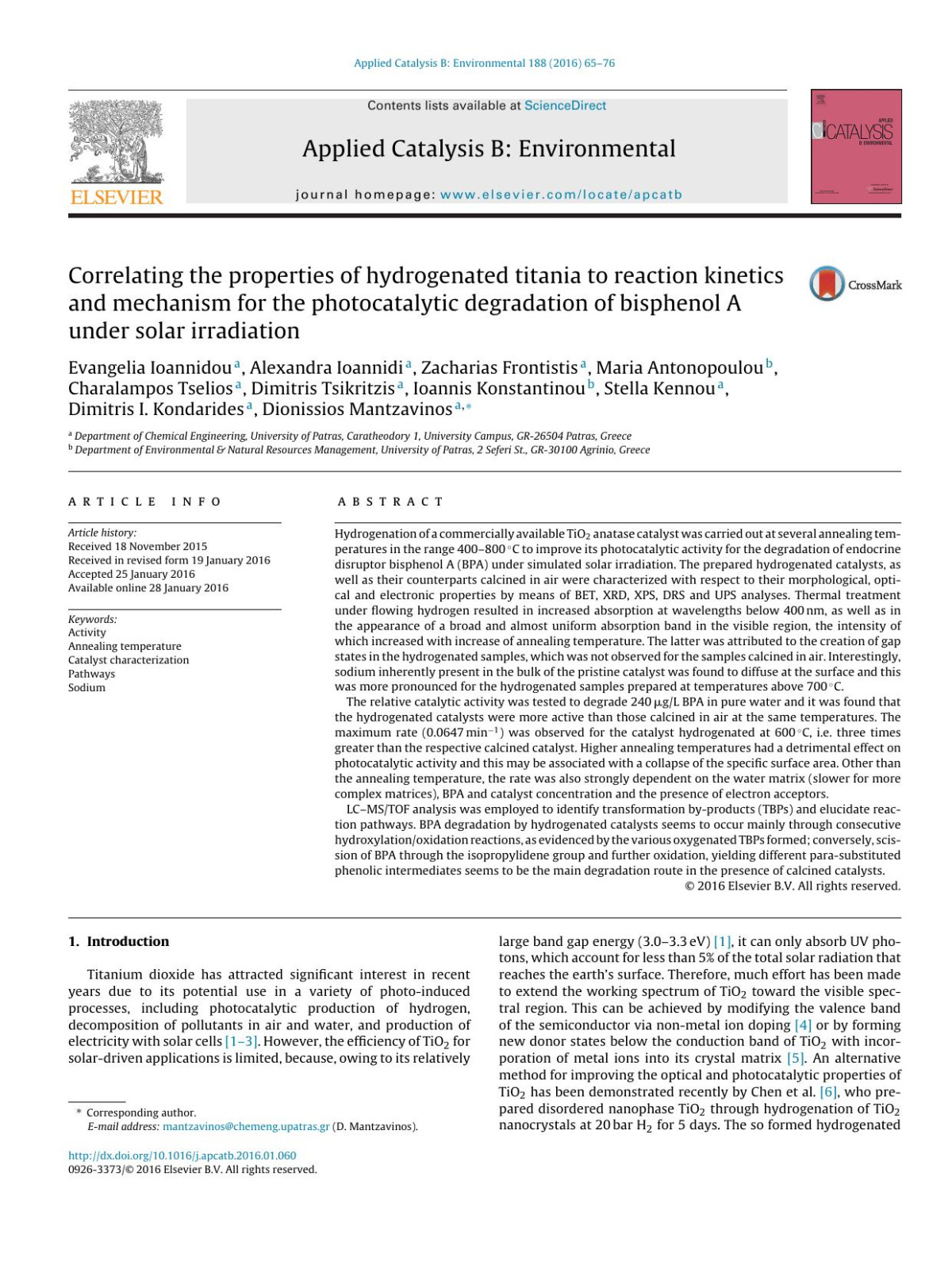 Correlating The Properties Of Hydrogenated Titania To Reaction Kinetics And Mechanism For The Photocatalytic Degradation Of Bisphenol A Under Solar Irradiation Evangelia Ioannidou Alexandra Ioannidi Zacharias Frontistis Maria Antonopoulou Charalampos Tselios Dimitris Tsikritzis Ioannis Konstantinou Stella Kennou Dimitris I Kondarides Dionissios Mantzavinos