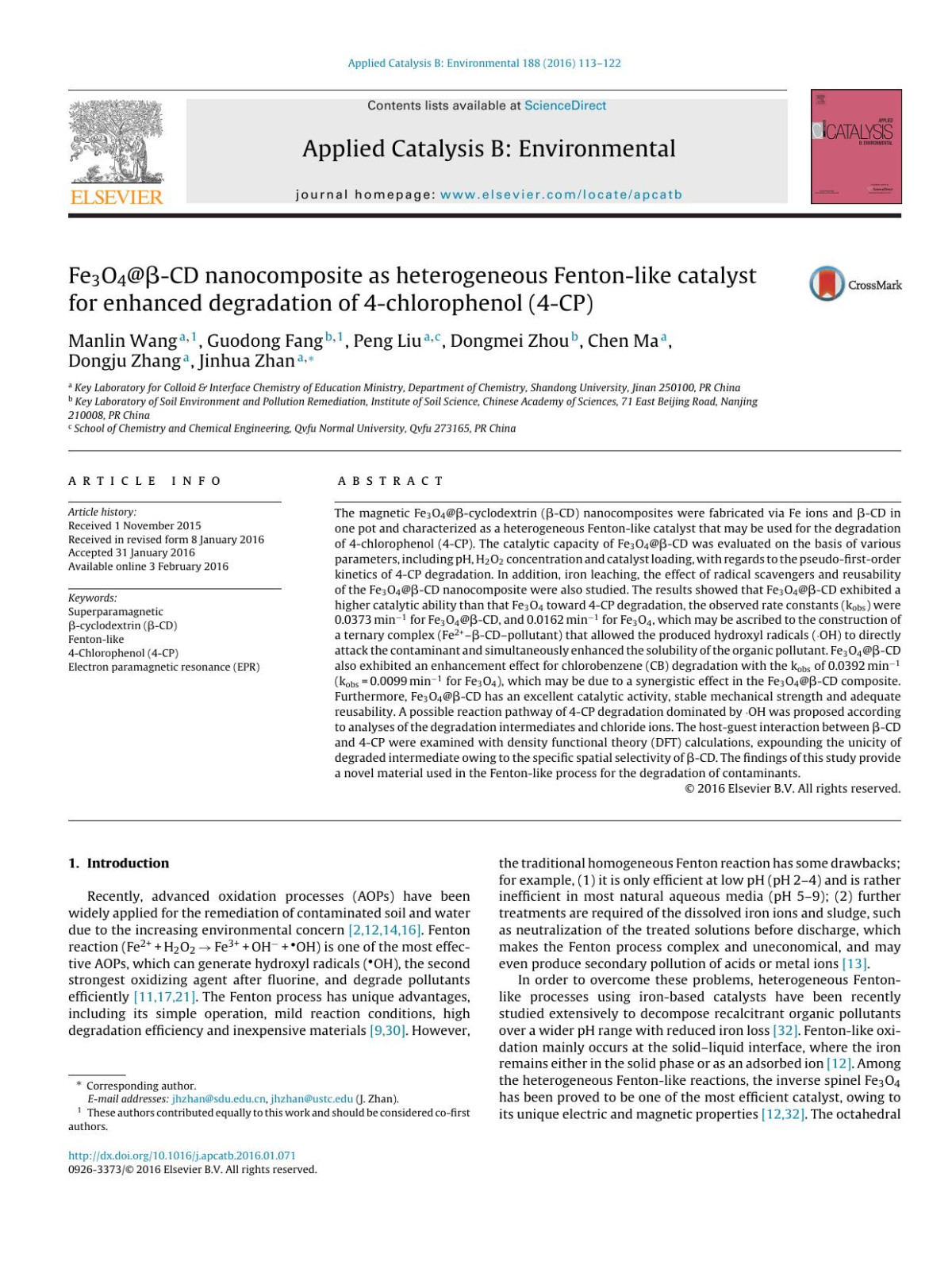Fe3o4cd Nanocomposite As Heterogeneous Fentonlike Catalyst For Enhanced Degradation Of 4chlorophenol 4cp Manlin Wang Guodong Fang Peng Liu Dongmei Zhou Chen Ma Dongju Zhang Jinhua Zhan