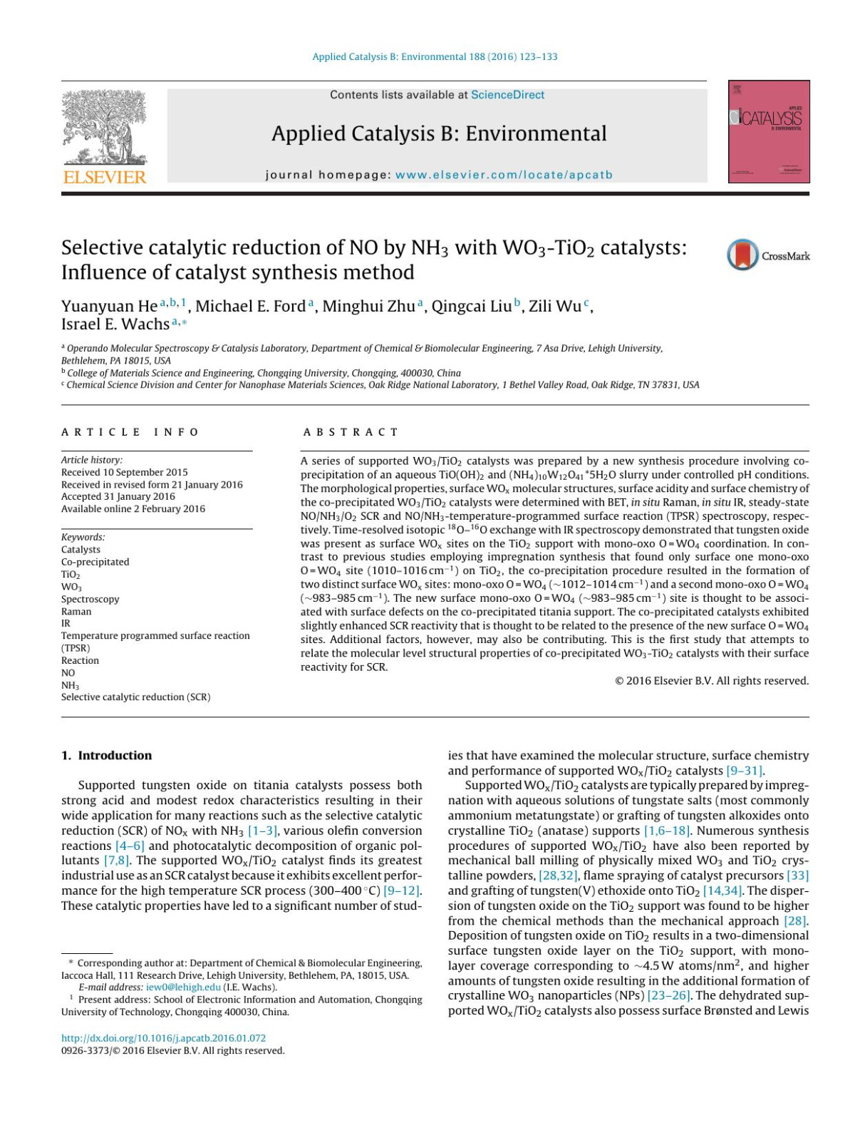 Selective Catalytic Reduction Of No By Nh3 With Wo3tio2 Catalysts Influence Of Catalyst Synthesis Method Yuanyuan He Michael E Ford Minghui Zhu Qingcai Liu Zili Wu Israel E Wachs