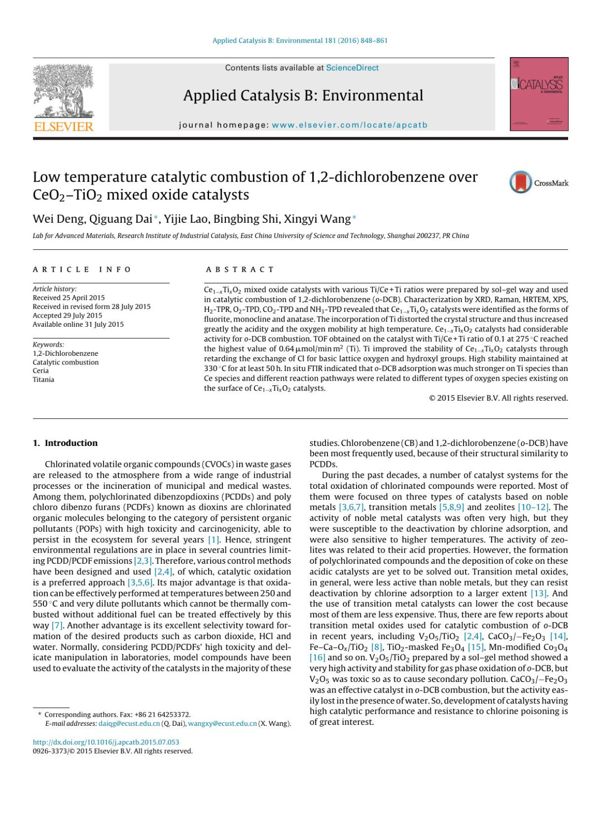 Low Temperature Catalytic Combustion Of 12dichlorobenzene Over Ceo2tio2 Mixed Oxide Catalysts Wei Deng Qiguang Dai Yijie Lao Bingbing Shi Xingyi Wang