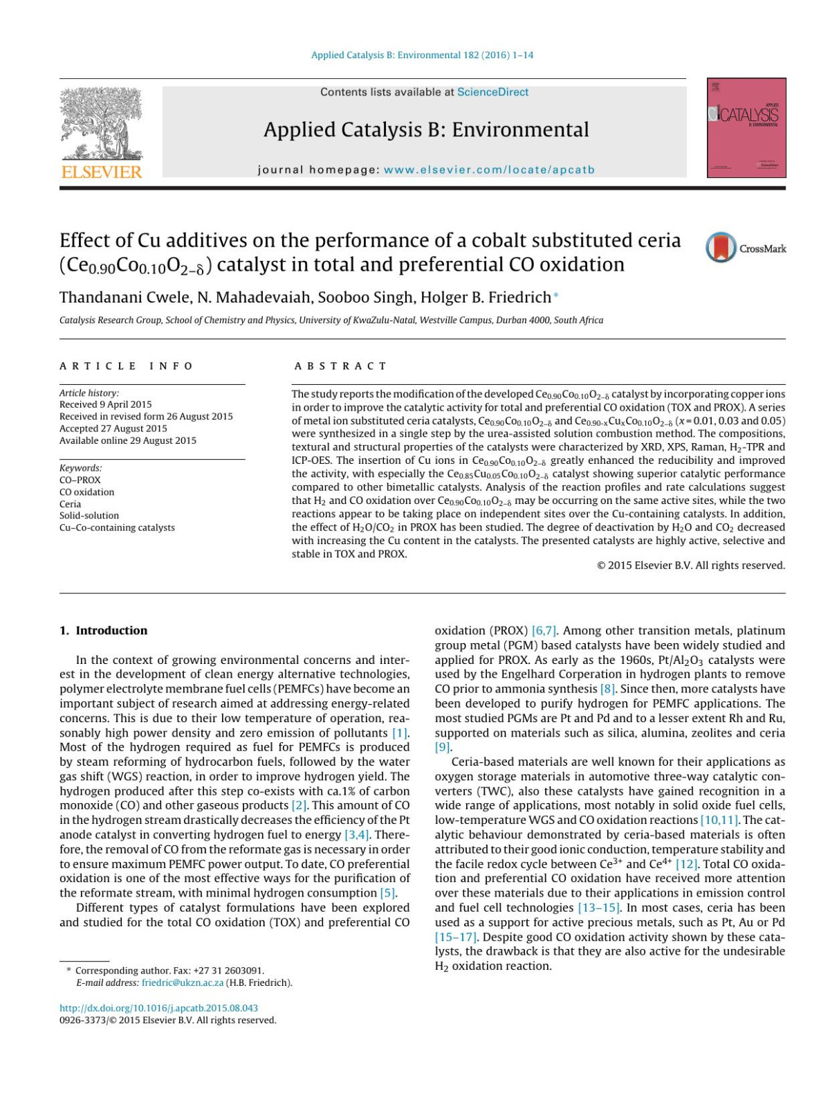 Effect Of Cu Additives On The Performance Of A Cobalt Substituted Ceria Ce090co010o2 Catalyst In Total And Preferential Co Oxidation Thandanani Cwele N Mahadevaiah Sooboo Singh Holger B Friedrich