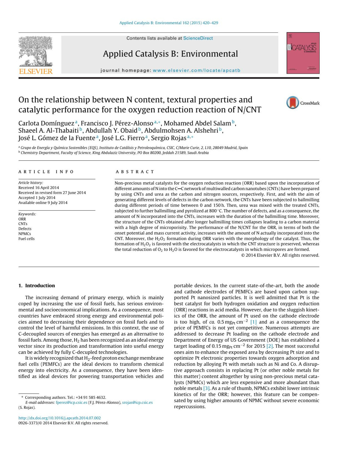 On The Relationship Between N Content Textural Properties And Catalytic Performance For The Oxygen Reduction Reaction Of Ncnt Carlota Domnguez Francisco J Prezalonso Mohamed Abdel Salam Shaeel A Althabaiti Abdullah Y Obaid Abdulmohsen A Alshehri Jos L Gmez De La Fuente Jos Lg Fierro Sergio Rojas