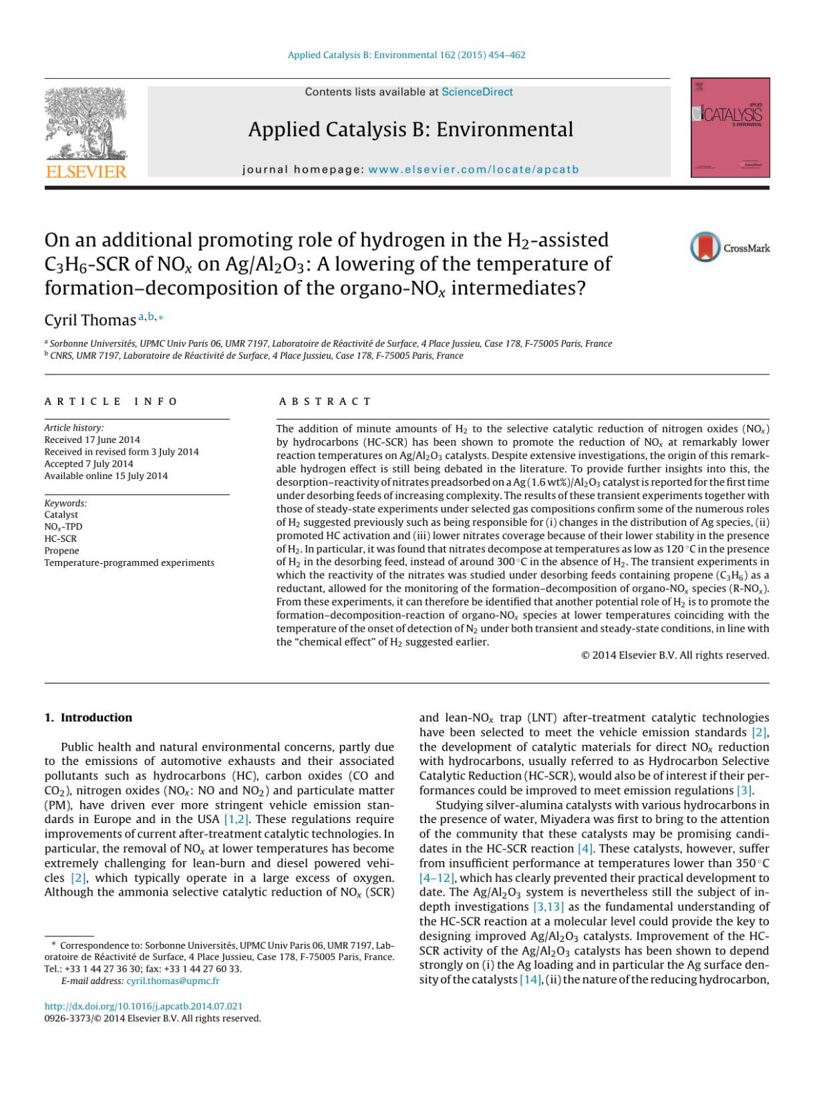 On An Additional Promoting Role Of Hydrogen In The H2assisted C3h6scr Of Nox On Agal2o3 A Lowering Of The Temperature Of Formationdecomposition Of The Organonox Intermediates Cyril Thomas
