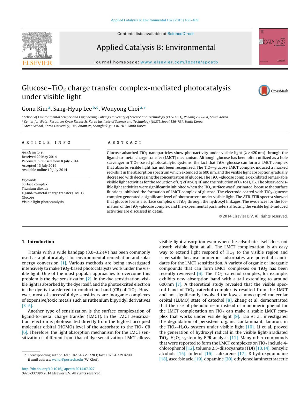 Glucosetio2 Charge Transfer Complexmediated Photocatalysis Under Visible Light Gonu Kim Sanghyup Lee Wonyong Choi