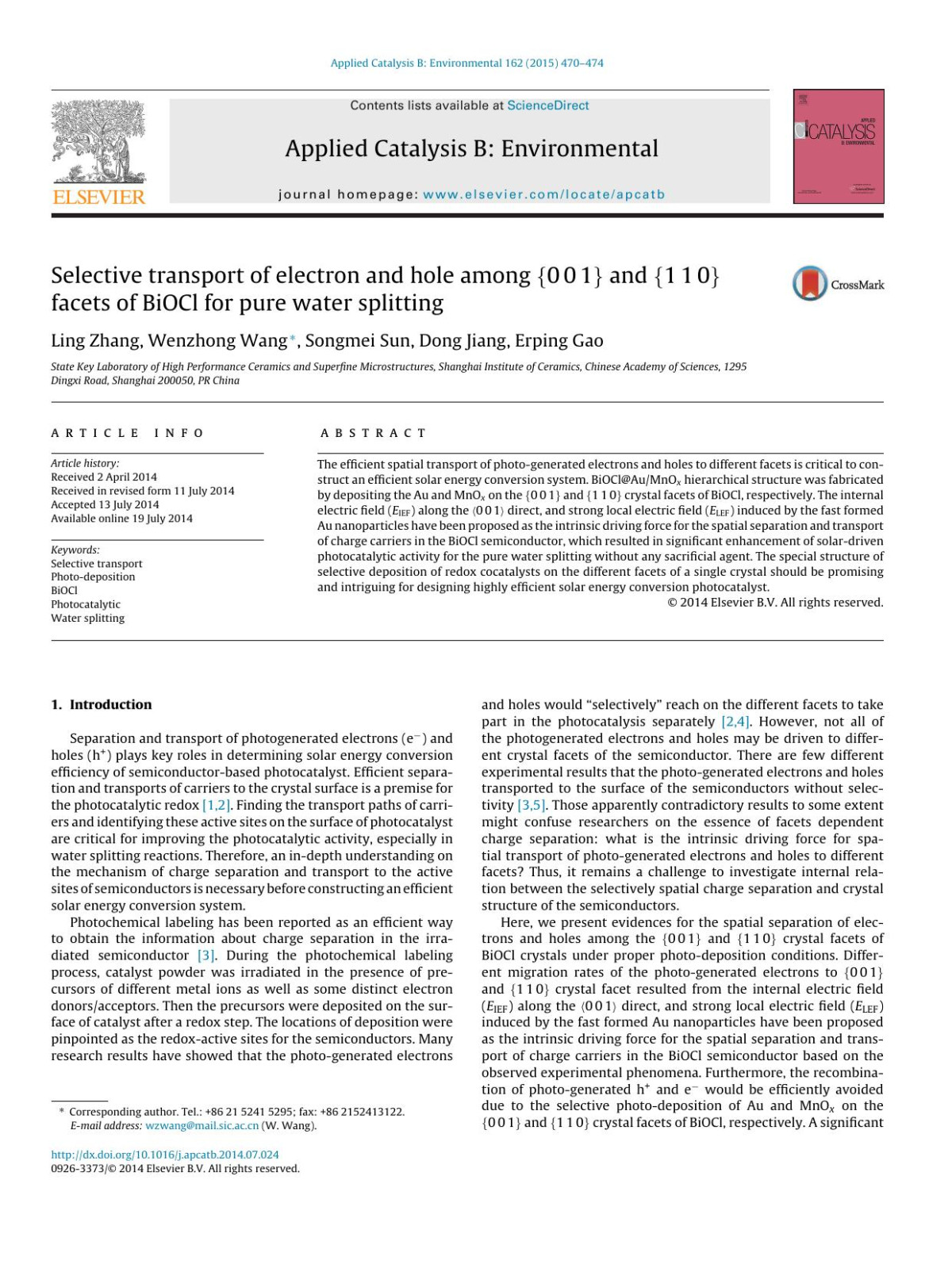 Selective Transport Of Electron And Hole Among 001 And 110 Facets Of Biocl For Pure Water Splitting Ling Zhang Wenzhong Wang Songmei Sun Dong Jiang Erping Gao