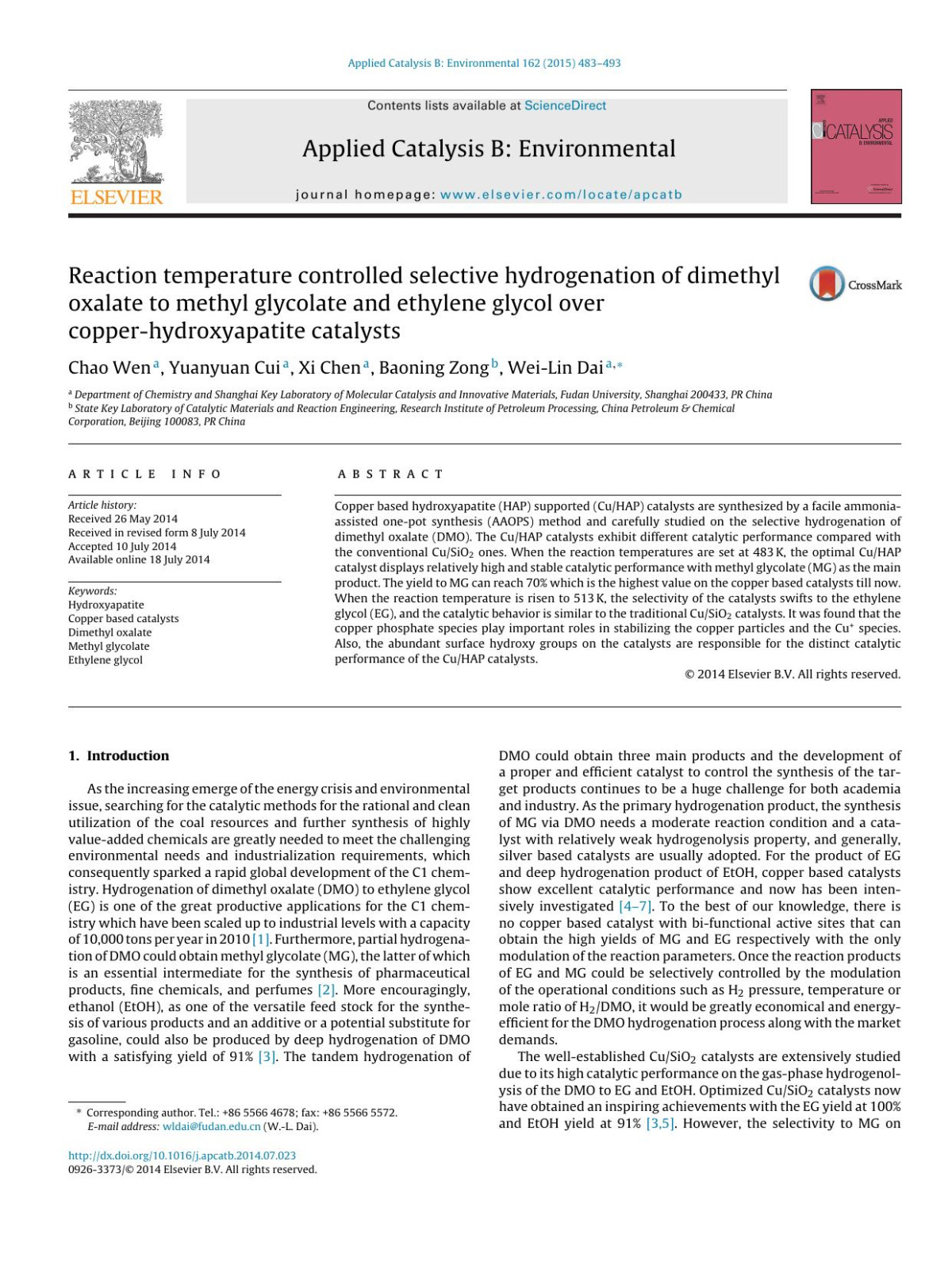 Reaction Temperature Controlled Selective Hydrogenation Of Dimethyl Oxalate To Methyl Glycolate And Ethylene Glycol Over Copperhydroxyapatite Catalysts Chao Wen Yuanyuan Cui Xi Chen Baoning Zong Weilin Dai