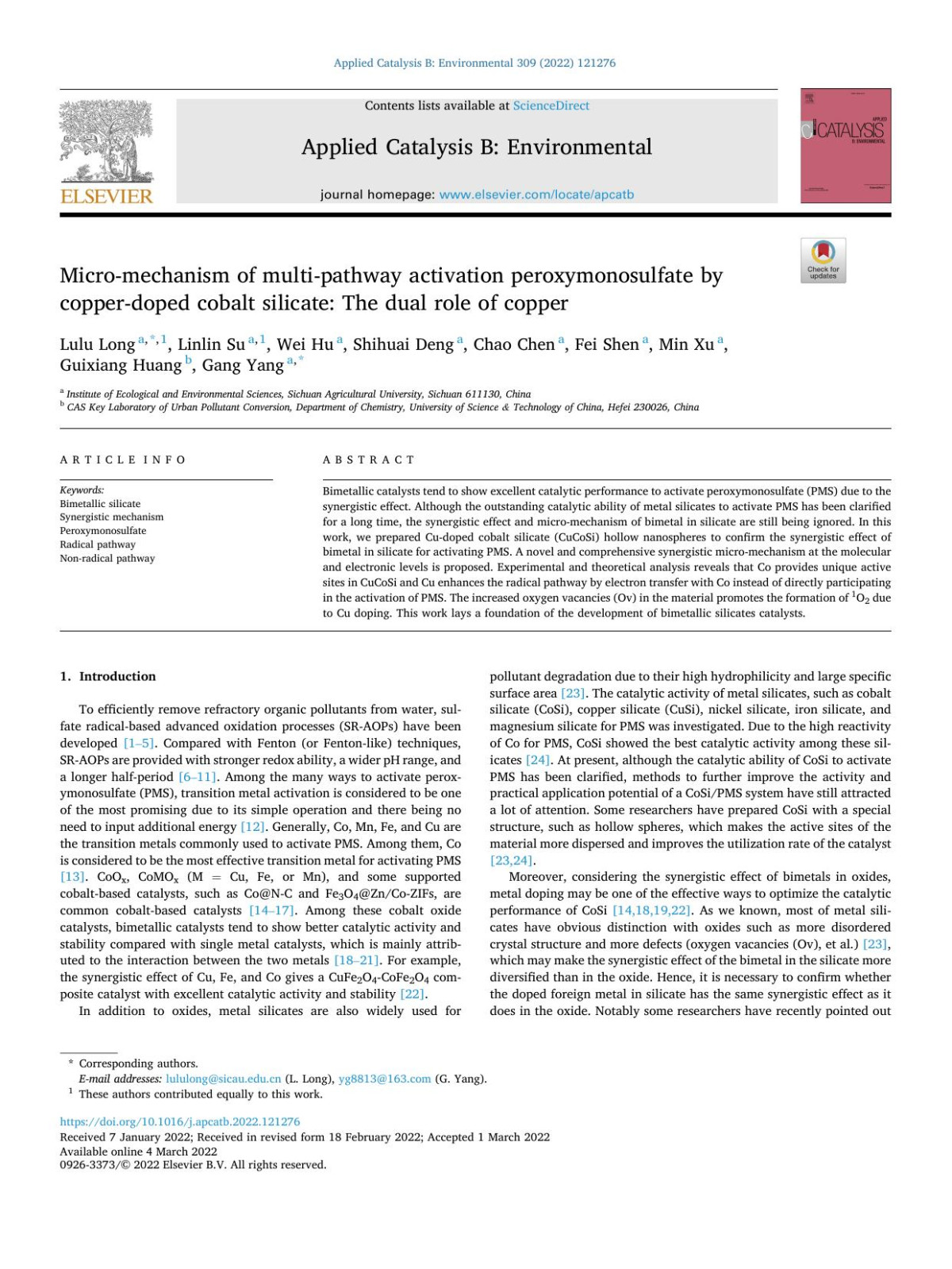 Micromechanism Of Multipathway Activation Peroxymonosulfate By Copperdoped Cobalt Silicate The Dual Role Of Copper Lulu Long