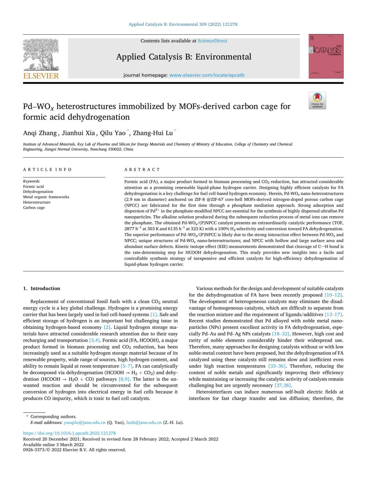 Pdwo X Heterostructures Immobilized By Mofsderived Carbon Cage For Formic Acid Dehydrogenation Anqi Zhang
