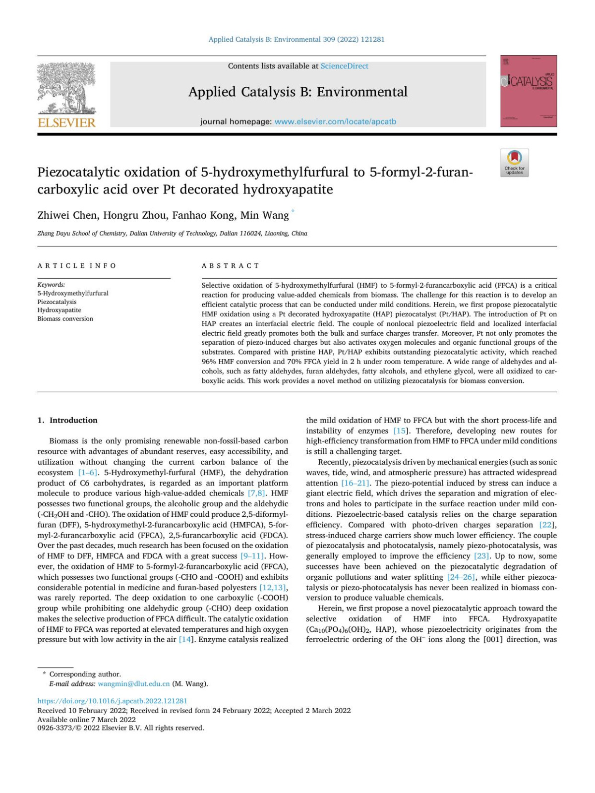 Piezocatalytic Oxidation Of 5hydroxymethylfurfural To 5formyl2furancarboxylic Acid Over Pt Decorated Hydroxyapatite Zhiwei Chen