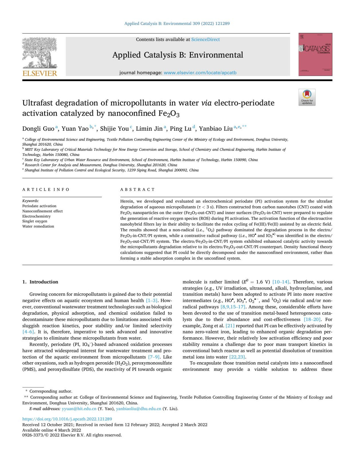 Ultrafast Degradation Of Micropollutants In Water Via Electroperiodate Activation Catalyzed By Nanoconfined Fe2o3 Dongli Guo