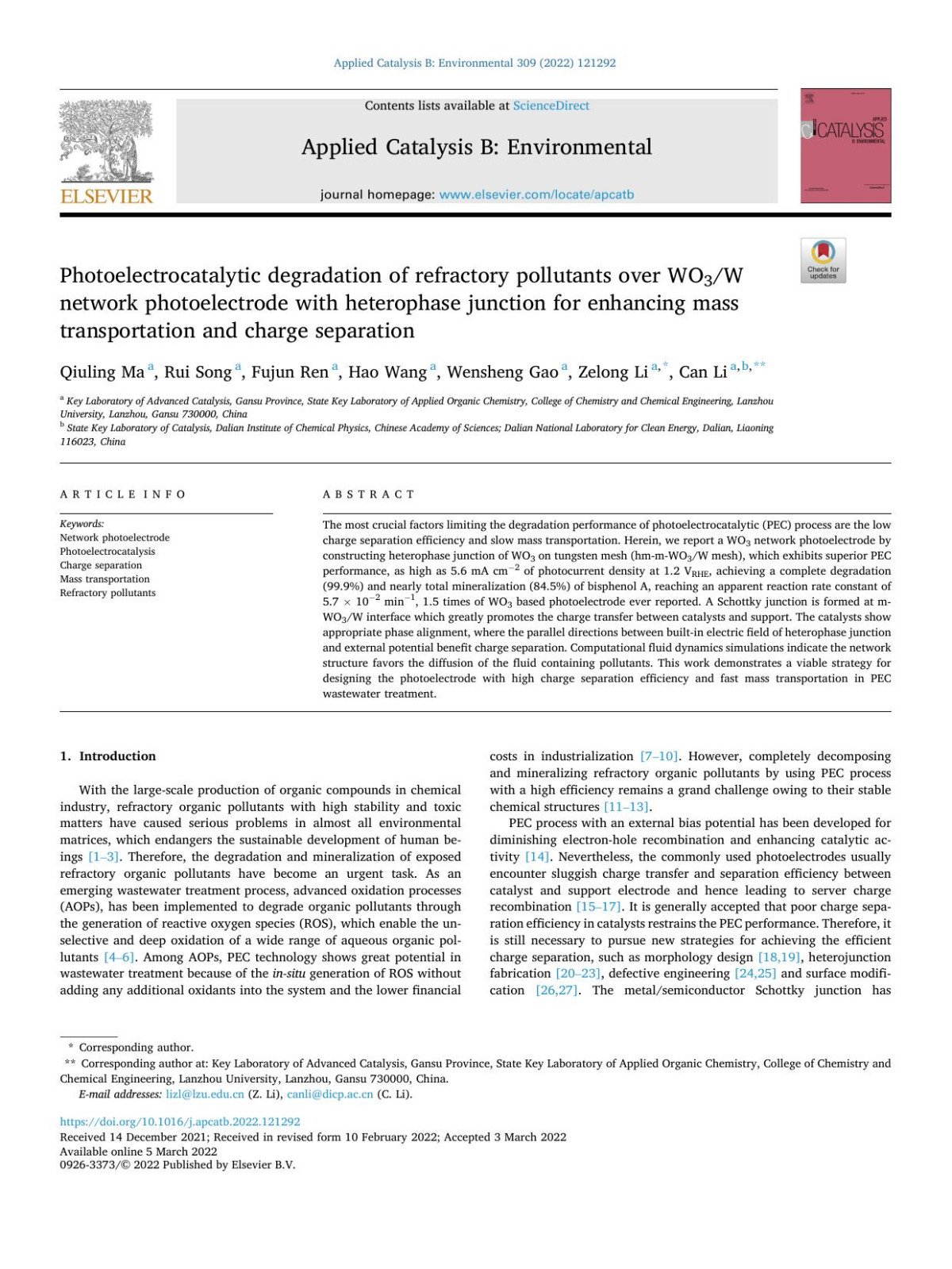 Photoelectrocatalytic Degradation Of Refractory Pollutants Over Wo3w Network Photoelectrode With Heterophase Junction For Enhancing Mass Transportation And Charge Separation Qiuling Ma