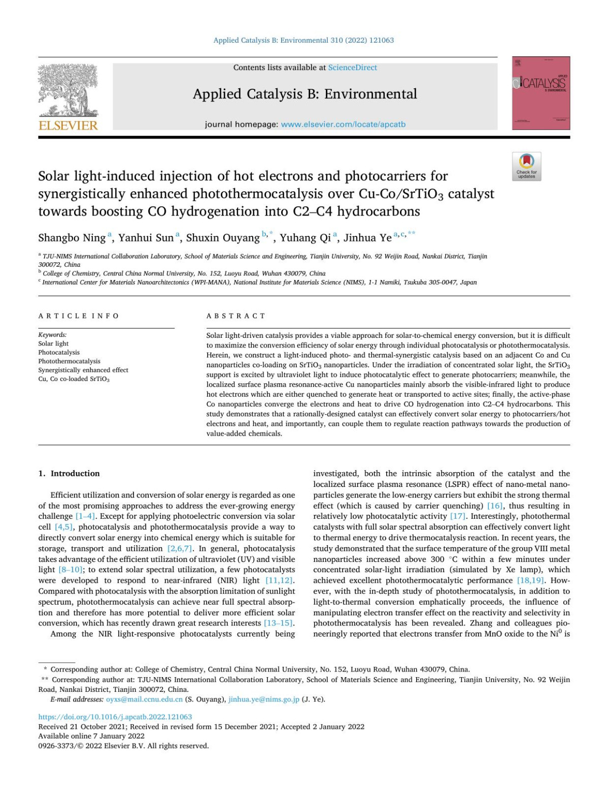Solar Lightinduced Injection Of Hot Electrons And Photocarriers For Synergistically Enhanced Photothermocatalysis Over Cucosrtio3 Catalyst Towards Boosting Co Hydrogenation Into C2c4 Hydrocarbons Shangbo Ning