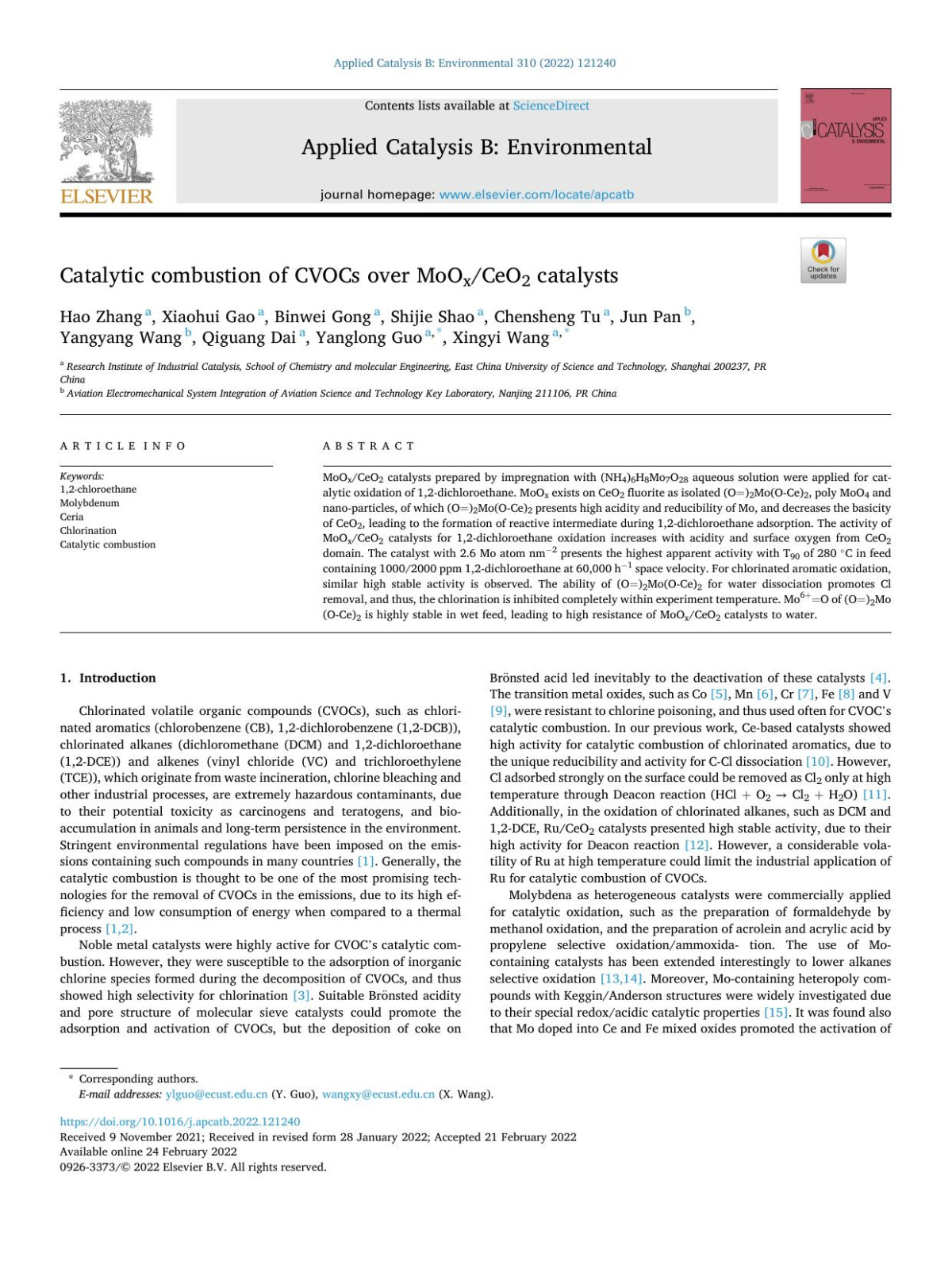 Catalytic Combustion Of Cvocs Over Mooxceo2 Catalysts Hao Zhang