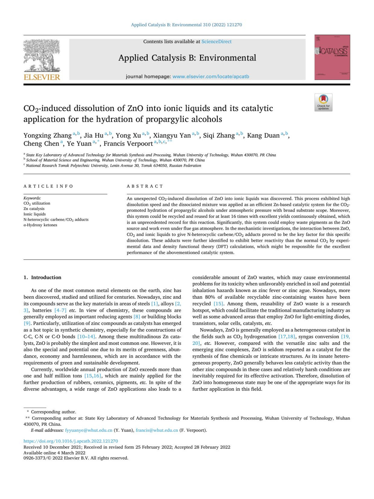Co2induced Dissolution Of Zno Into Ionic Liquids And Its Catalytic Application For The Hydration Of Propargylic Alcohols Yongxing Zhang