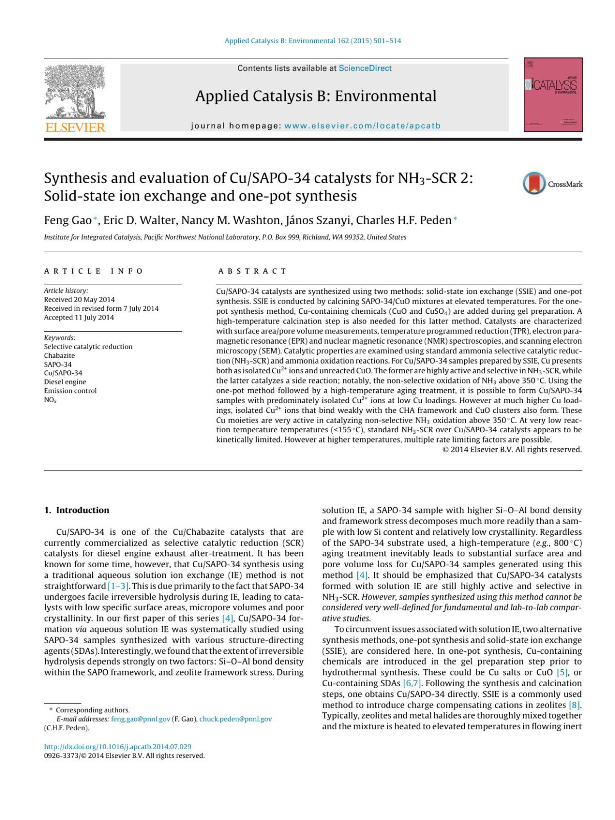 Synthesis And Evaluation Of Cusapo34 Catalysts For Nh3scr 2 Solidstate Ion Exchange And Onepot Synthesis Feng Gao Eric D Walter Nancy M Washton Jnos Szanyi Charles Hf Peden