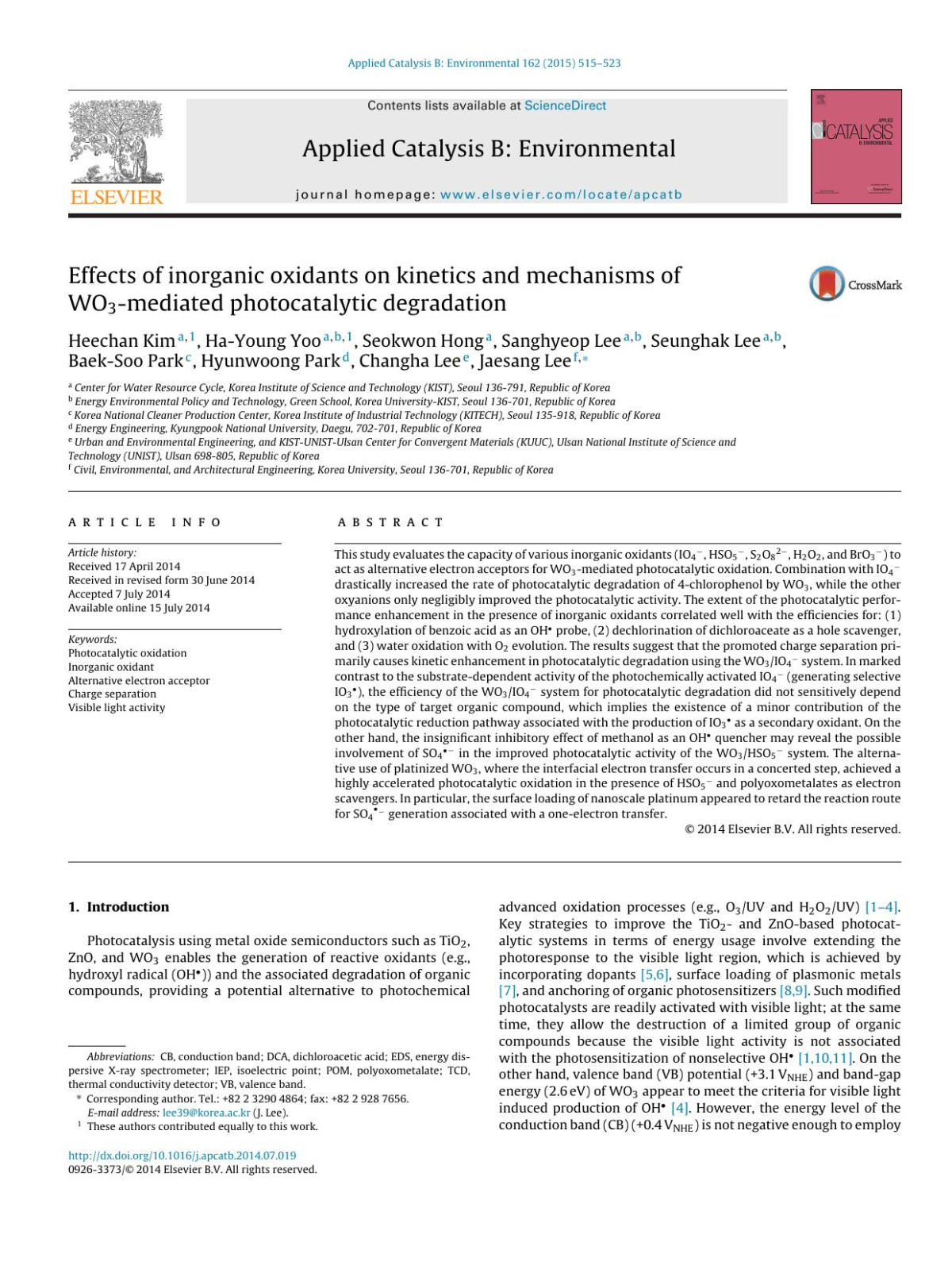 Effects Of Inorganic Oxidants On Kinetics And Mechanisms Of Wo3mediated Photocatalytic Degradation Heechan Kim Hayoung Yoo Seokwon Hong Sanghyeop Lee Seunghak Lee Baeksoo Park Hyunwoong Park Changha Lee Jaesang Lee