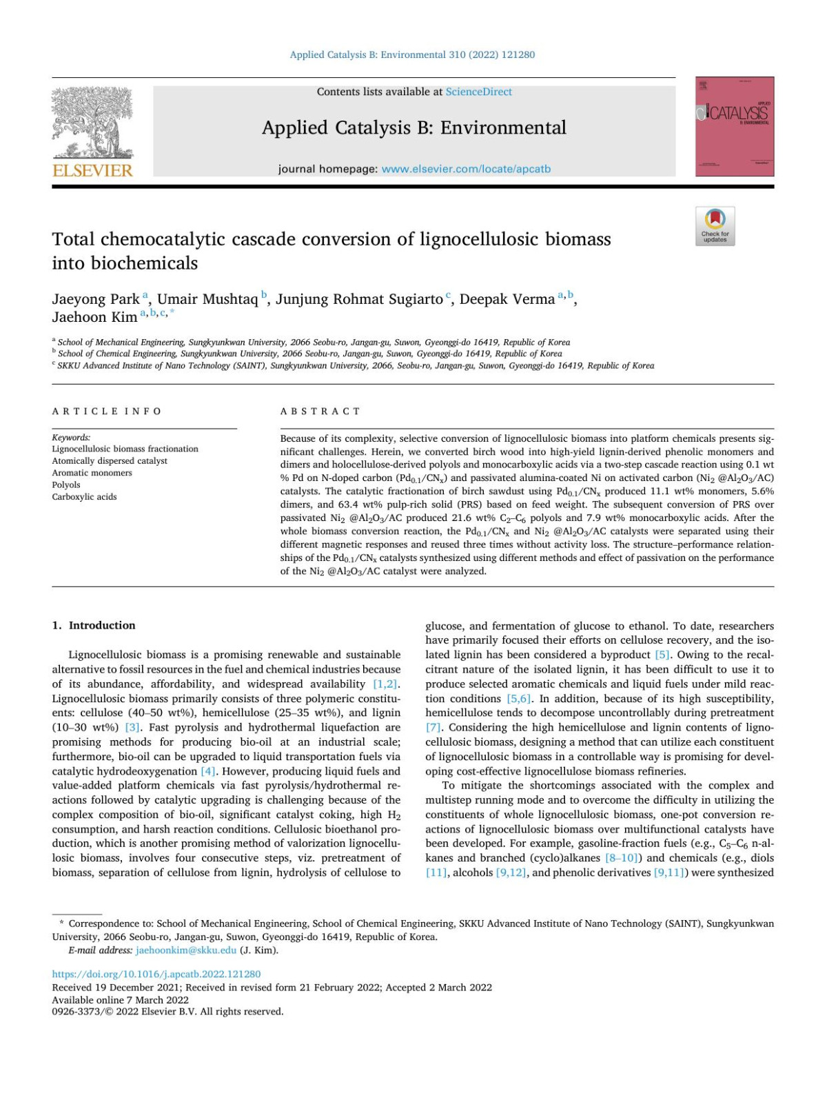 Total Chemocatalytic Cascade Conversion Of Lignocellulosic Biomass Into Biochemicals Jaeyong Park