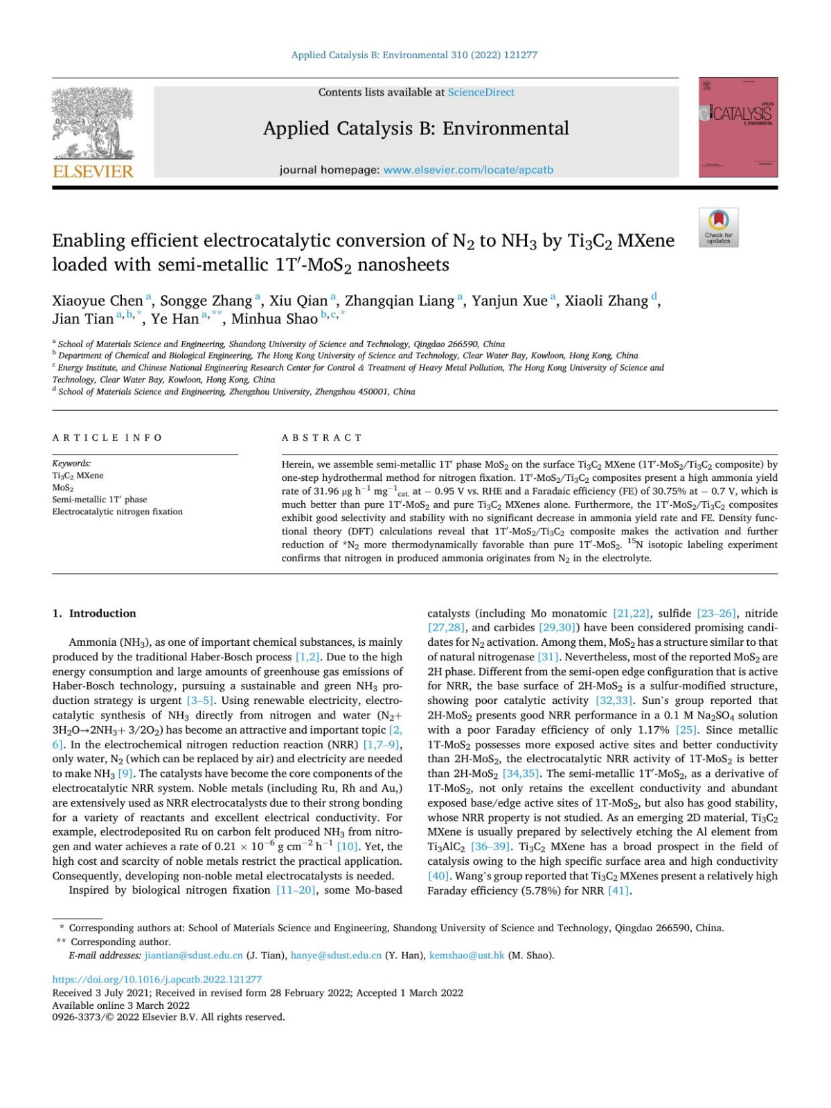 Enabling Efficient Electrocatalytic Conversion Of N2 To Nh3 By Ti3c2 Mxene Loaded With Semimetallic 1tmos2 Nanosheets Xiaoyue Chen
