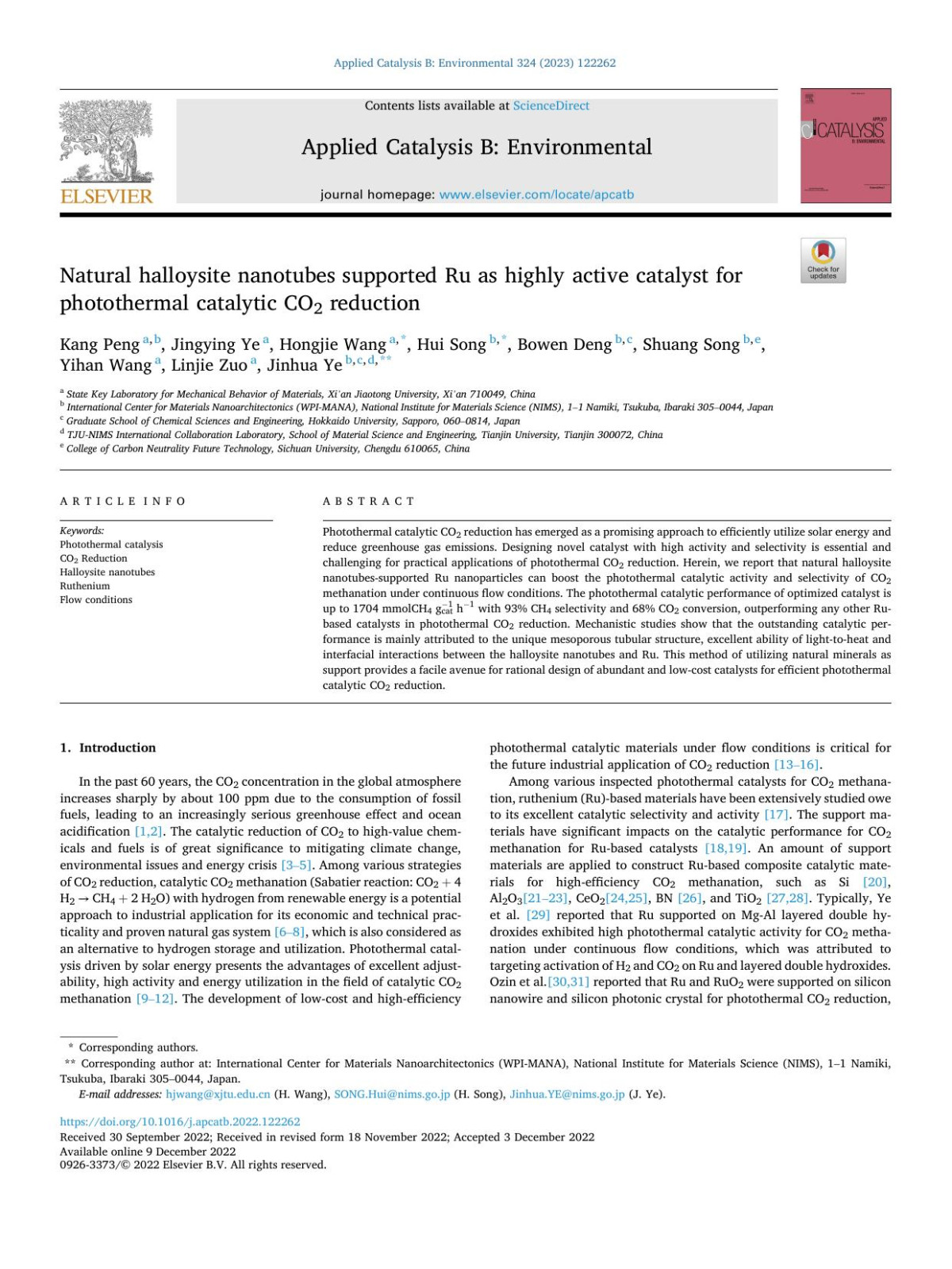 Natural Halloysite Nanotubes Supported Ru As Highly Active Catalyst For Photothermal Catalytic Co2 Reduction Kang Peng