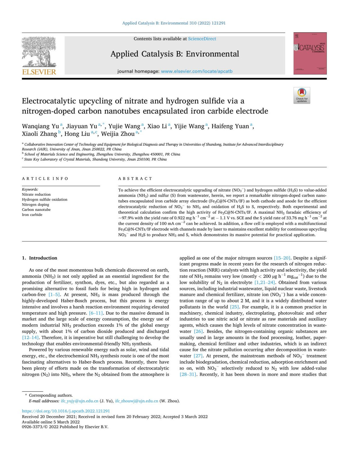 Electrocatalytic Upcycling Of Nitrate And Hydrogen Sulfide Via A Nitrogendoped Carbon Nanotubes Encapsulated Iron Carbide Electrode Wanqiang Yu