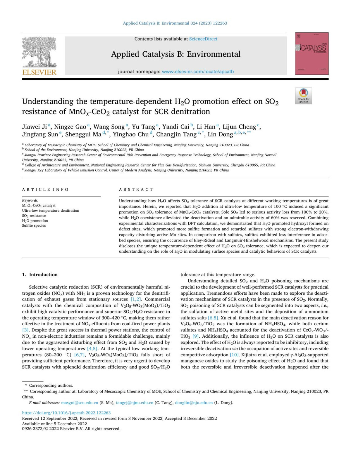 Understanding The Temperaturedependent H2o Promotion Effect On So2 Resistance Of Mno X Ceo2 Catalyst For Scr Denitration Jiawei Ji