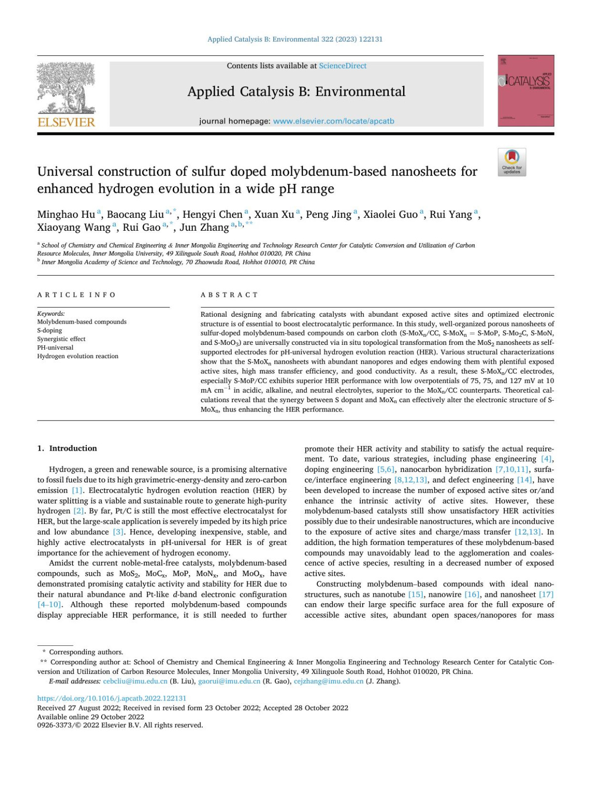 Universal Construction Of Sulfur Doped Molybdenumbased Nanosheets For Enhanced Hydrogen Evolution In A Wide Ph Range Minghao Hu