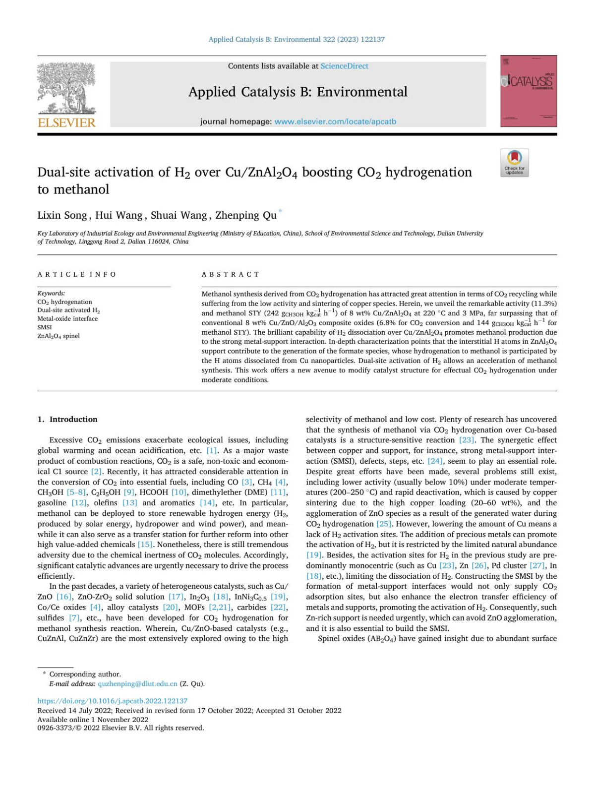 Dualsite Activation Of H2 Over Cuznal2o4 Boosting Co2 Hydrogenation To Methanol Lixin Song