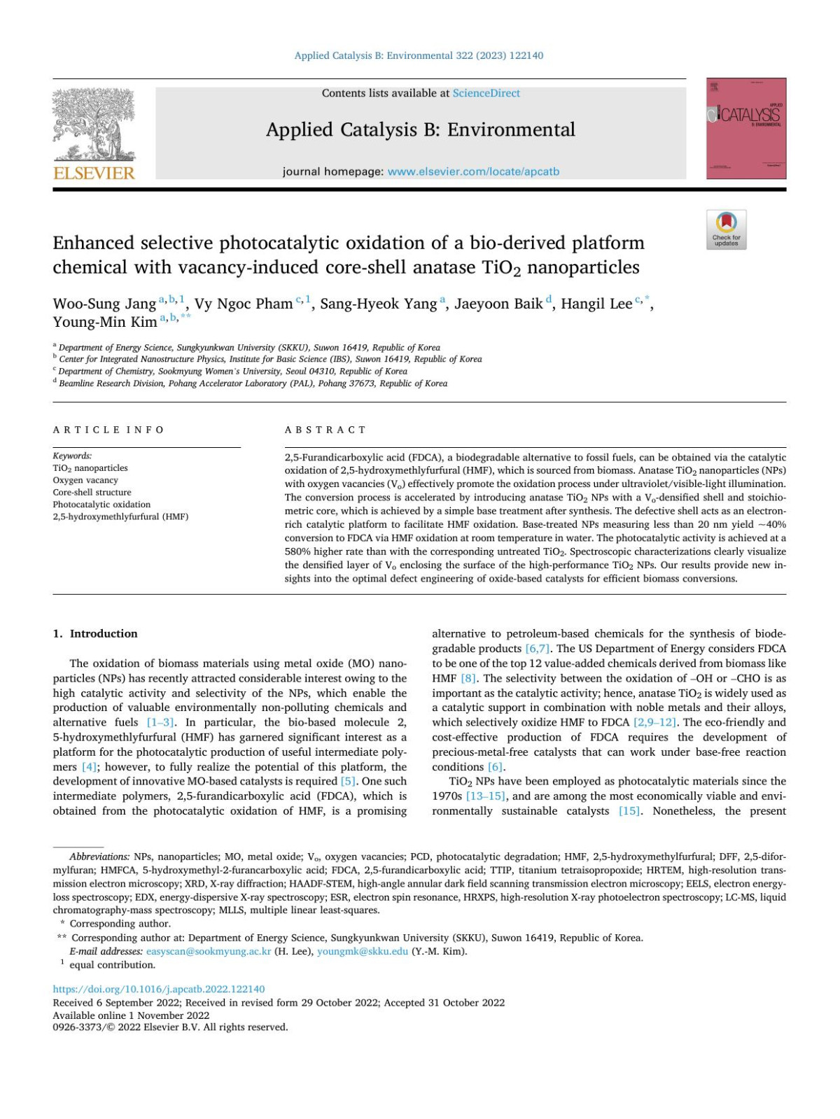 Enhanced Selective Photocatalytic Oxidation Of A Bioderived Platform Chemical With Vacancyinduced Coreshell Anatase Tio2 Nanoparticles Woosung Jang