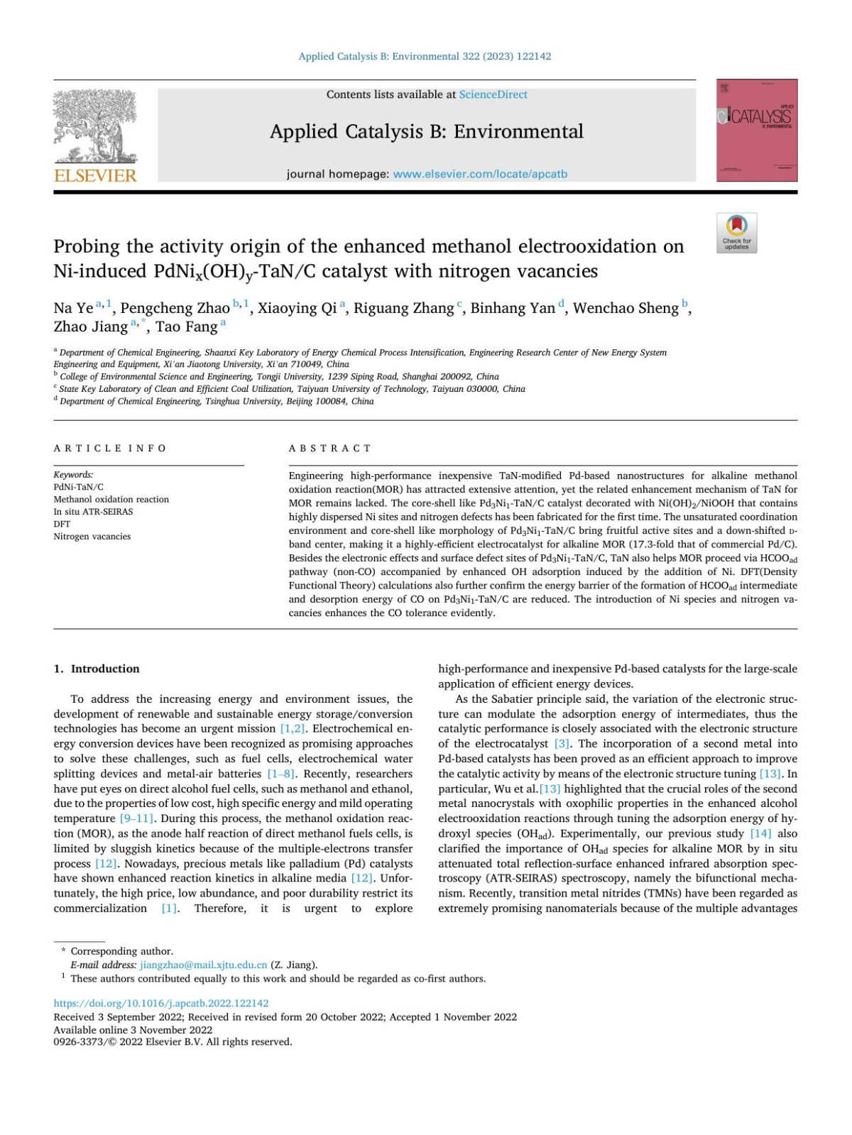 Probing The Activity Origin Of The Enhanced Methanol Electrooxidation On Niinduced Pdnixohytanc Catalyst With Nitrogen Vacancies Na Ye