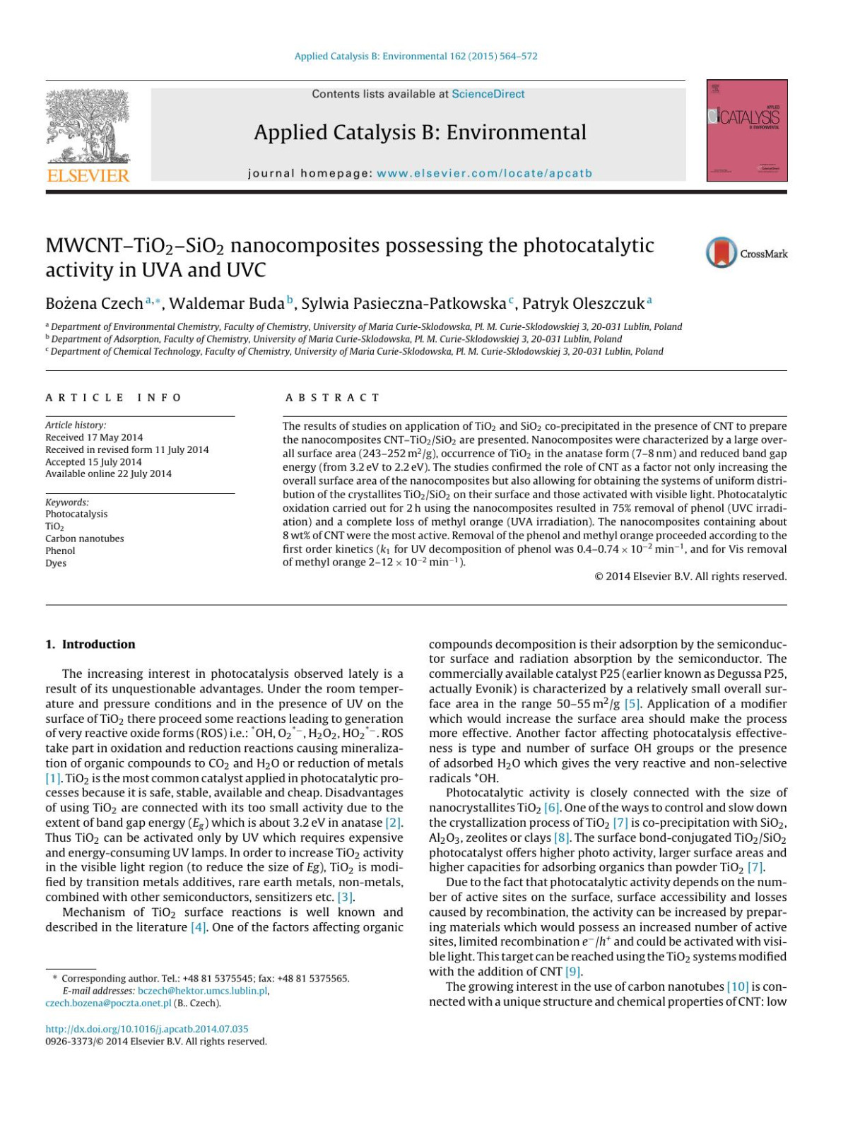 Mwcnttio2sio2 Nanocomposites Possessing The Photocatalytic Activity In Uva And Uvc Boena Czech Waldemar Buda Sylwia Pasiecznapatkowska Patryk Oleszczuk