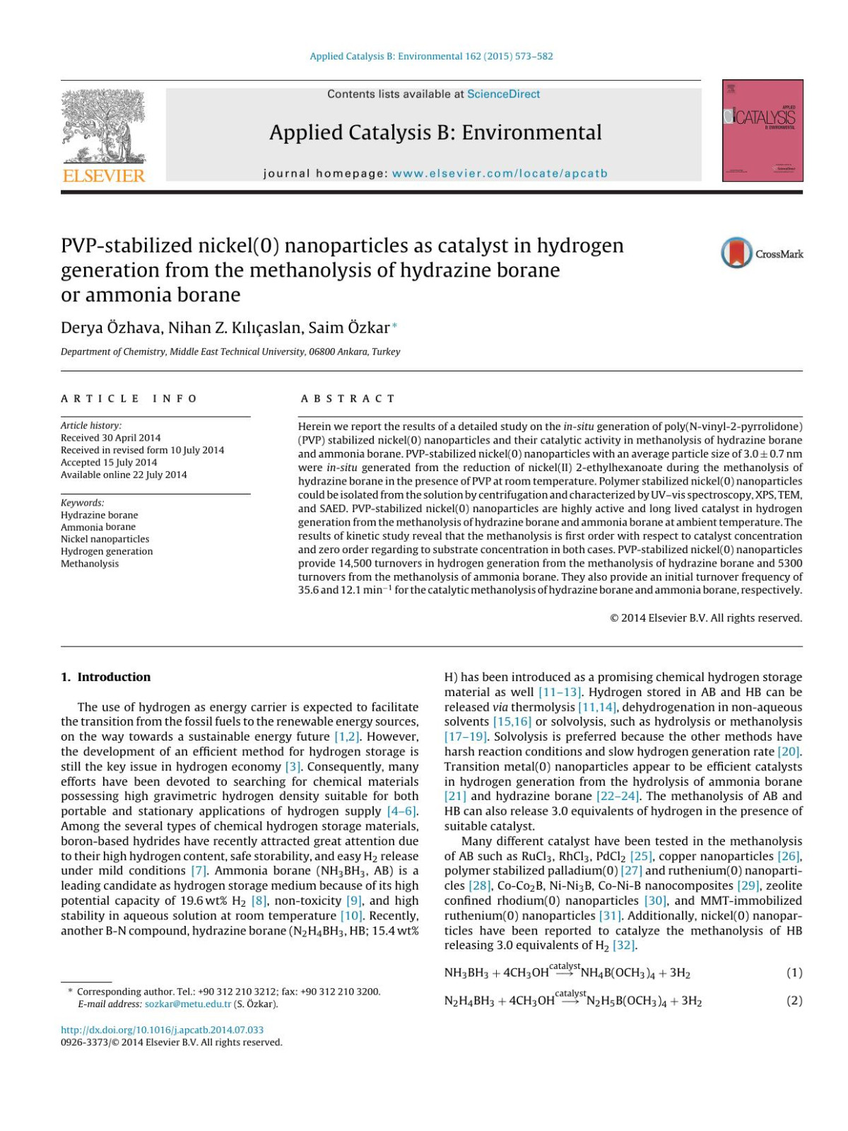 Pvpstabilized Nickel0 Nanoparticles As Catalyst In Hydrogen Generation From The Methanolysis Of Hydrazine Borane Or Ammonia Borane Derya Zhava Nihan Z Klaslan Saim Zkar