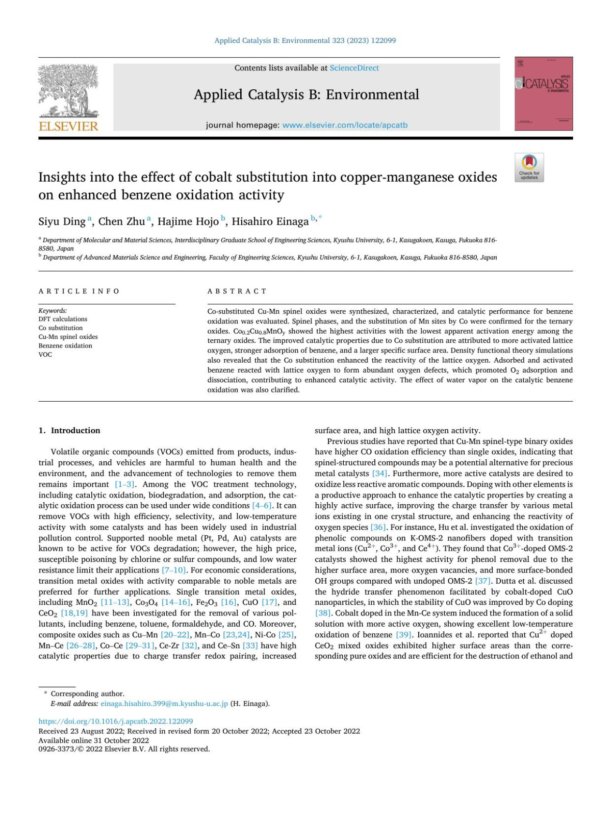 Insights Into The Effect Of Cobalt Substitution Into Coppermanganese Oxides On Enhanced Benzene Oxidation Activity Siyu Ding