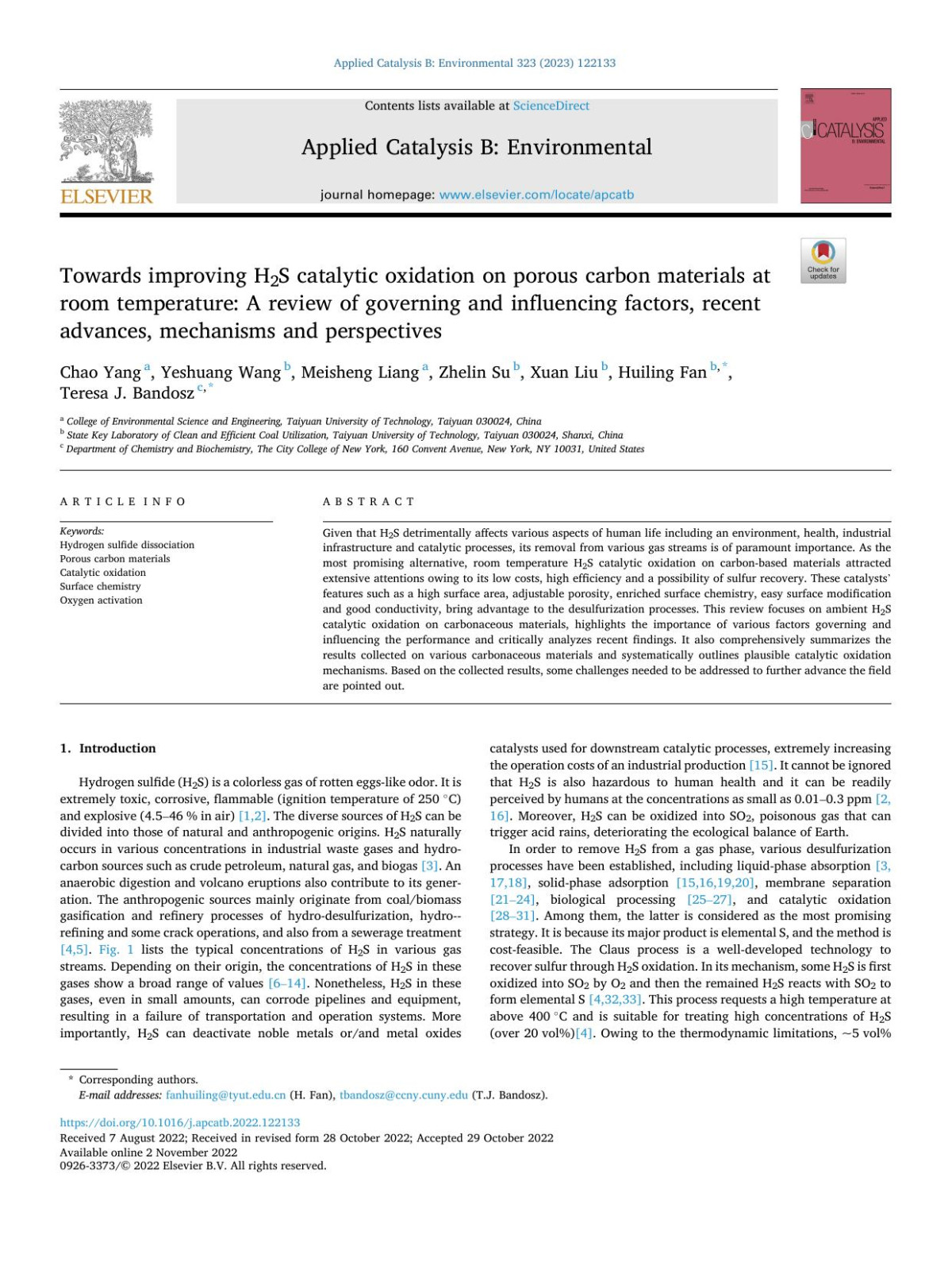 Towards Improving H2s Catalytic Oxidation On Porous Carbon Materials At Room Temperature A Review Of Governing And Influencing Factors Recent Advances Mechanisms And Perspectives Chao Yang