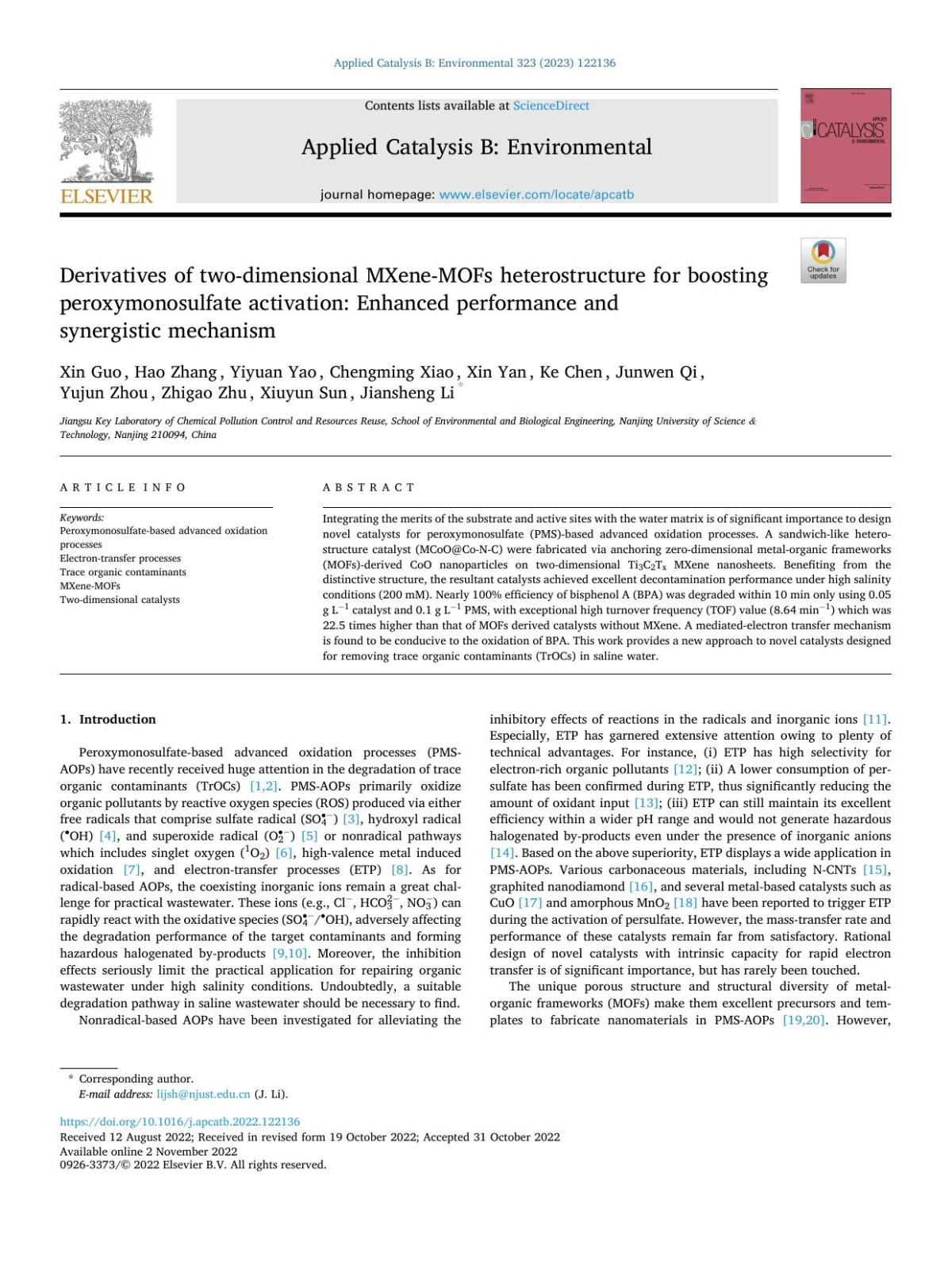 Derivatives Of Twodimensional Mxenemofs Heterostructure For Boosting Peroxymonosulfate Activation Enhanced Performance And Synergistic Mechanism Xin Guo