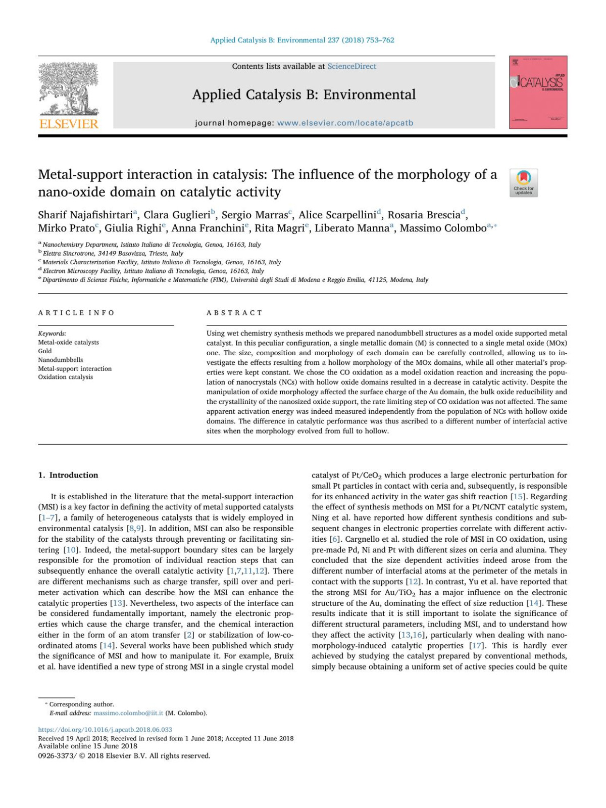 Metalsupport Interaction In Catalysis The Influence Of The Morphology Of A Nanooxide Domain On Catalytic Activity Sharif Najafishirtari Clara Guglieri Sergio Marras Alice Scarpellini Rosaria Brescia Mirko Prato Giulia Righi Anna Franchini Rita Magri Liberato Manna Massimo Colombo