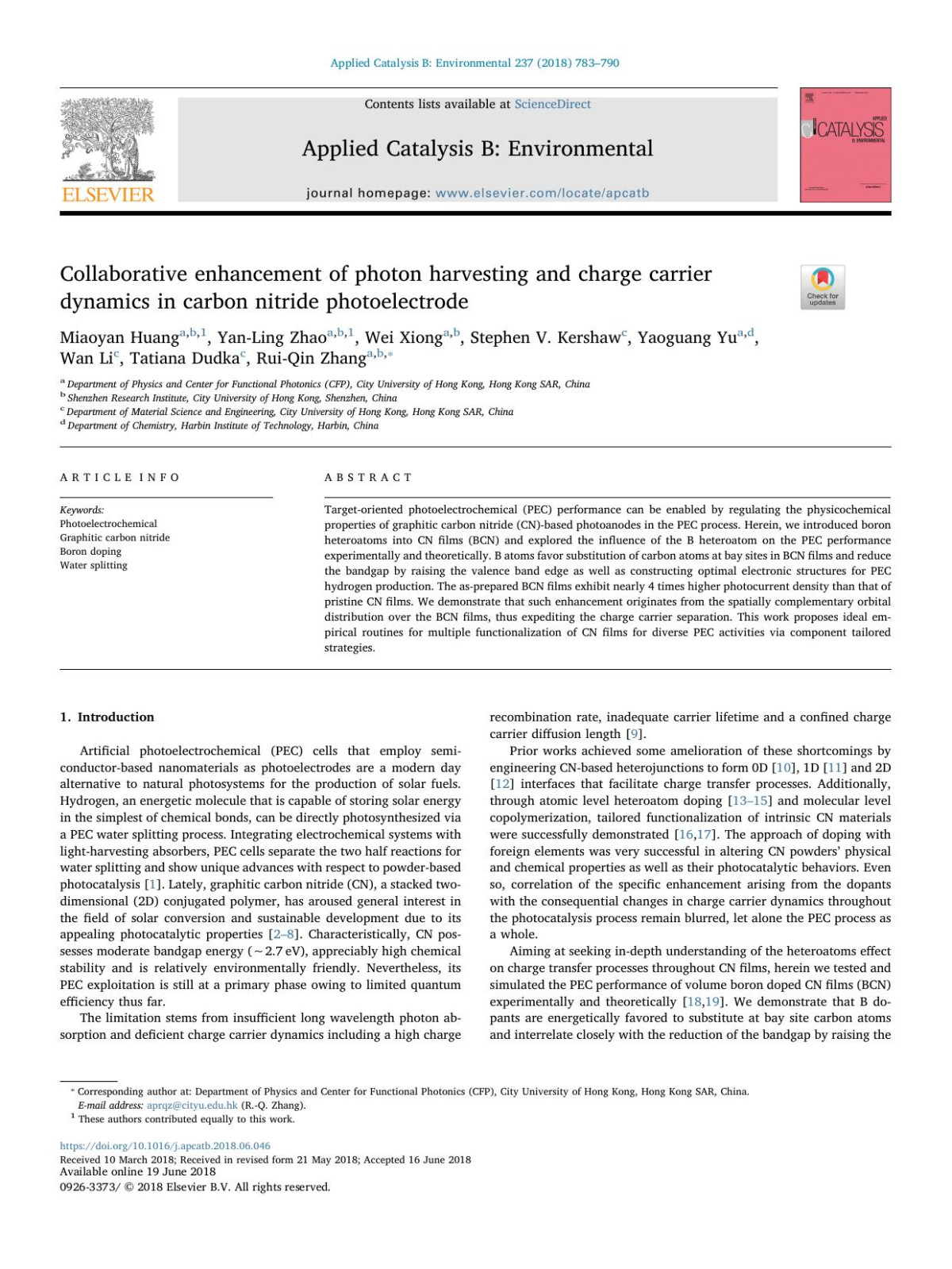 Collaborative Enhancement Of Photon Harvesting And Charge Carrier Dynamics In Carbon Nitride Photoelectrode Miaoyan Huang Yanling Zhao Wei Xiong Stephen V Kershaw Yaoguang Yu Wan Li Tatiana Dudka Ruiqin Zhang