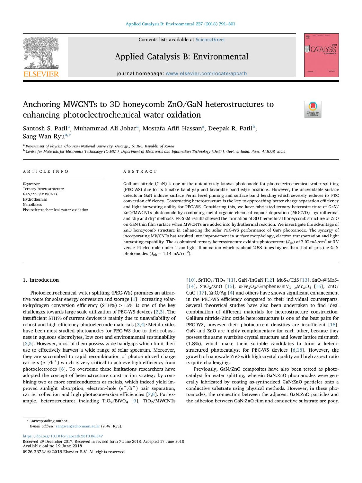 Anchoring Mwcnts To 3d Honeycomb Znogan Heterostructures To Enhancing Photoelectrochemical Water Oxidation Santosh S Patil Muhammad Ali Johar Mostafa Afifi Hassan Deepak R Patil Sangwan Ryu