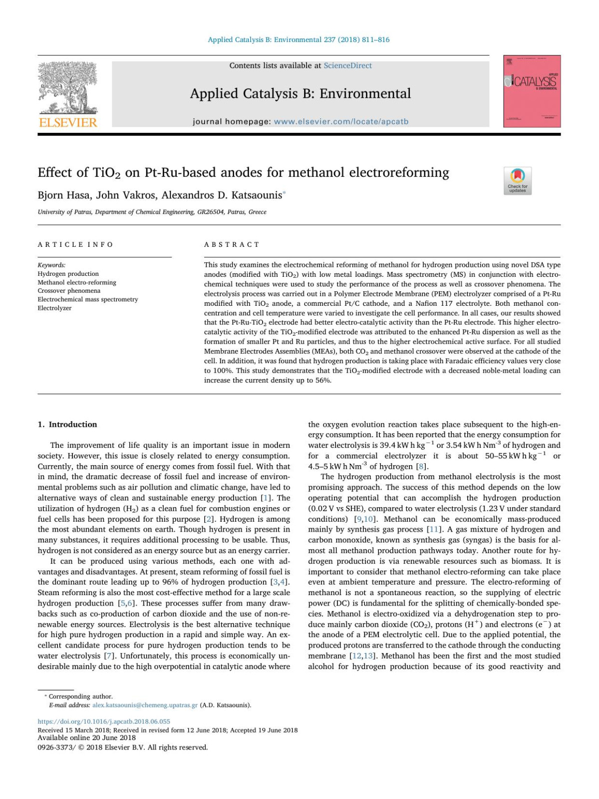 Effect Of Tio2 On Ptrubased Anodes For Methanol Electroreforming Bjorn Hasa John Vakros Alexandros D Katsaounis