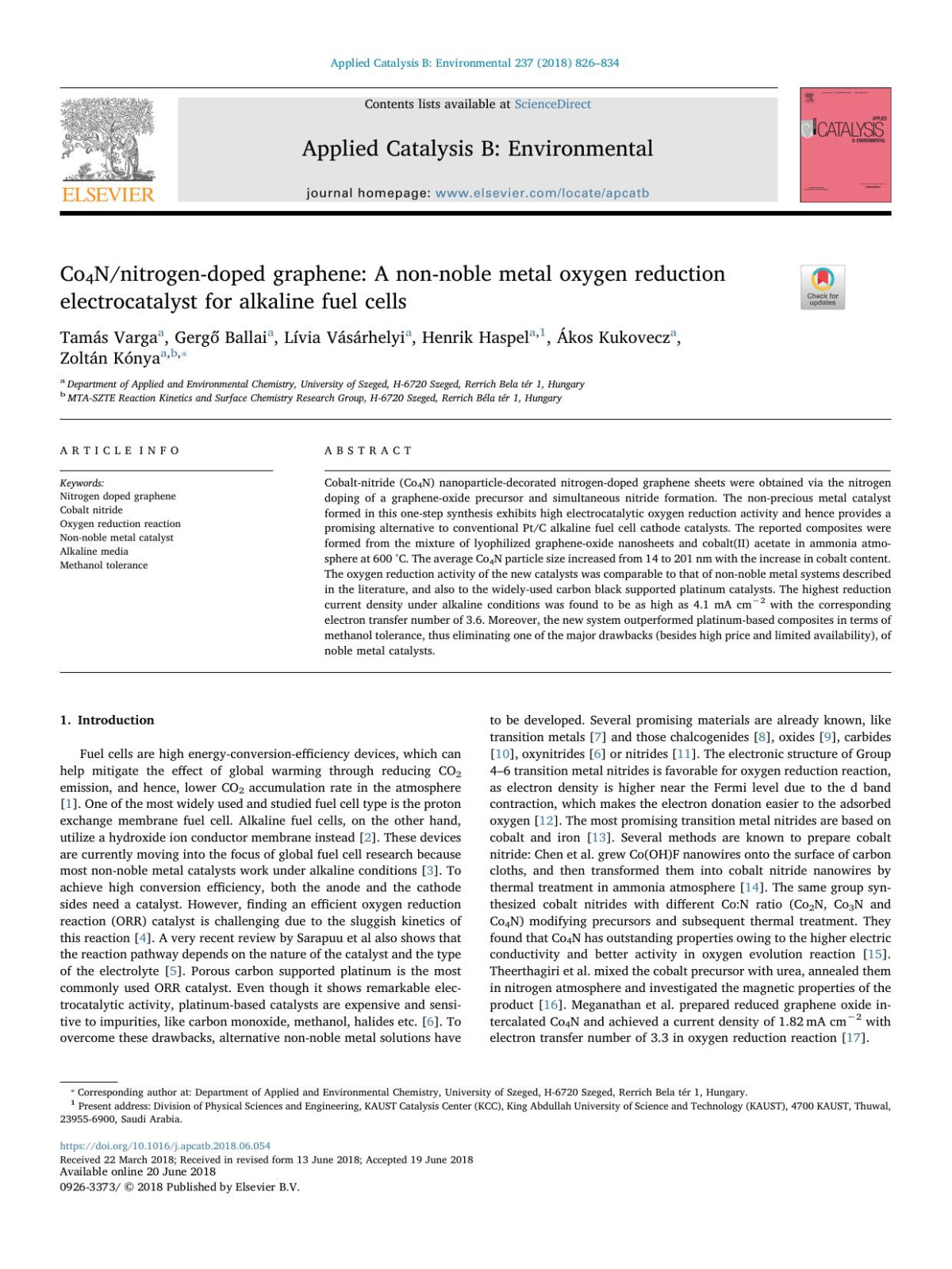 Co4nnitrogendoped Graphene A Nonnoble Metal Oxygen Reduction Electrocatalyst For Alkaline Fuel Cells Tams Varga Gerg Ballai Lvia Vsrhelyi Henrik Haspel Kos Kukovecz Zoltn Knya