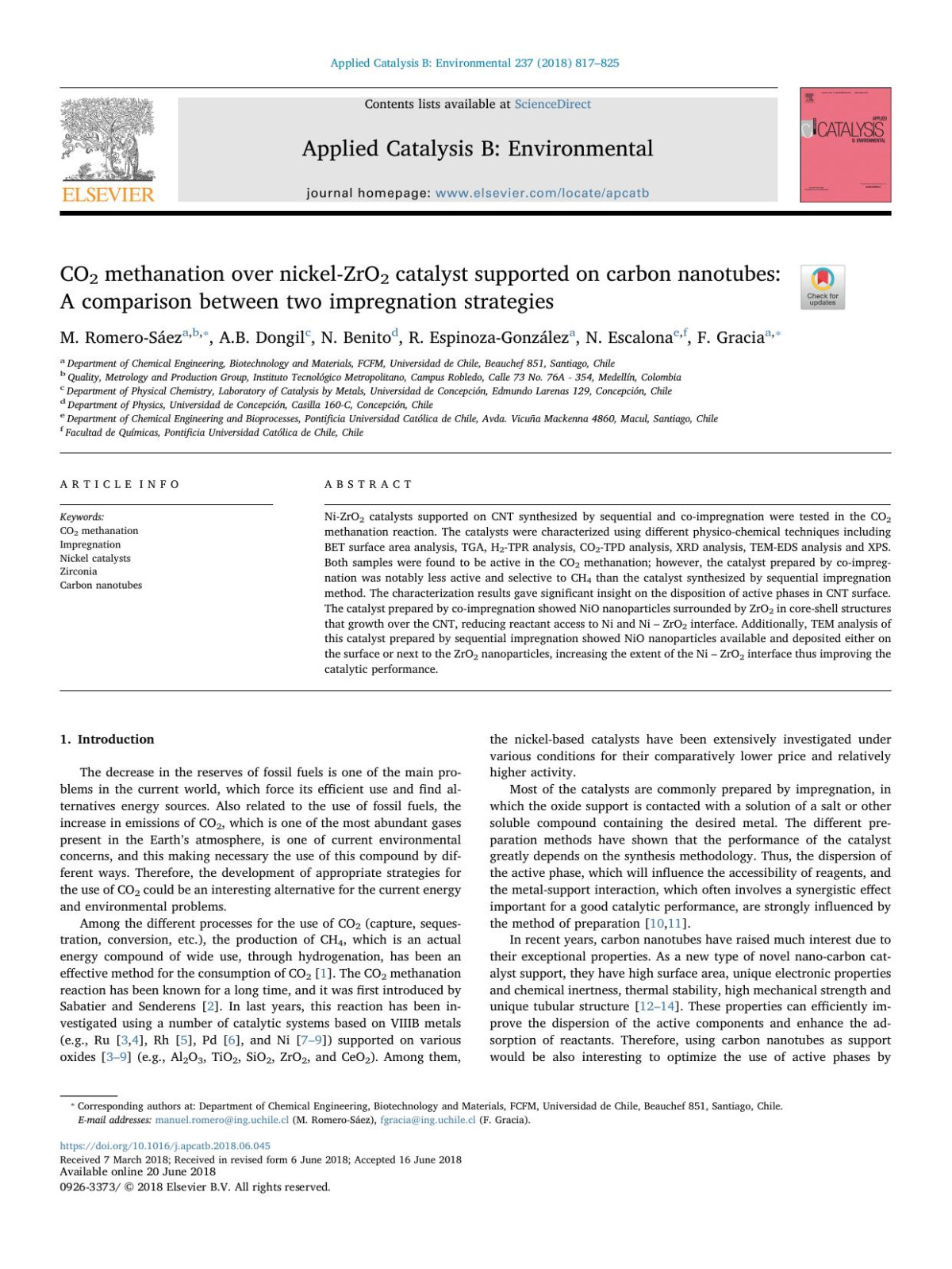 Co2 Methanation Over Nickelzro2 Catalyst Supported On Carbon Nanotubes A Comparison Between Two Impregnation Strategies M Romerosez Ab Dongil N Benito R Espinozagonzlez N Escalona F Gracia
